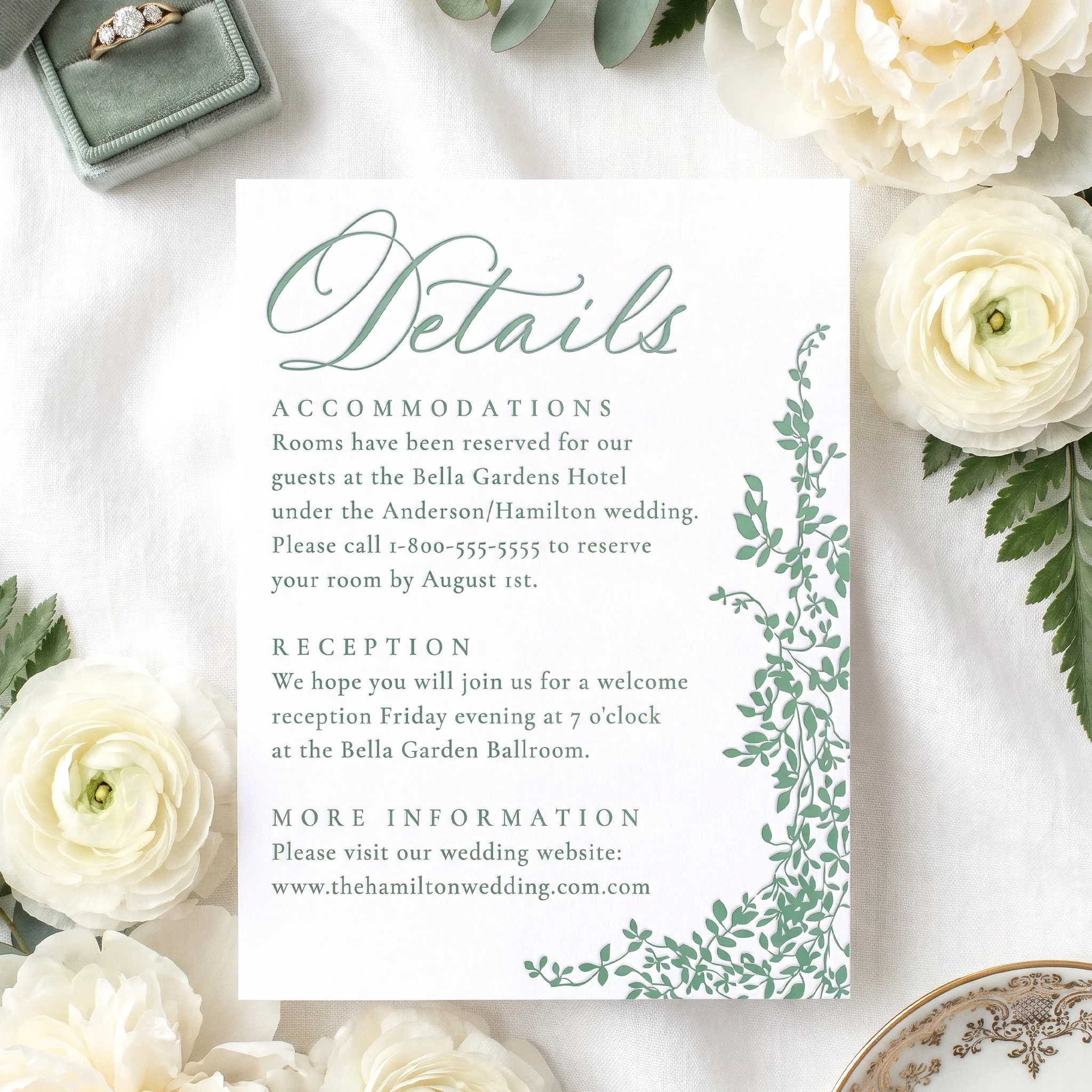 Elegant Cascading Vines Letterpress Wedding Details Enclosure Card