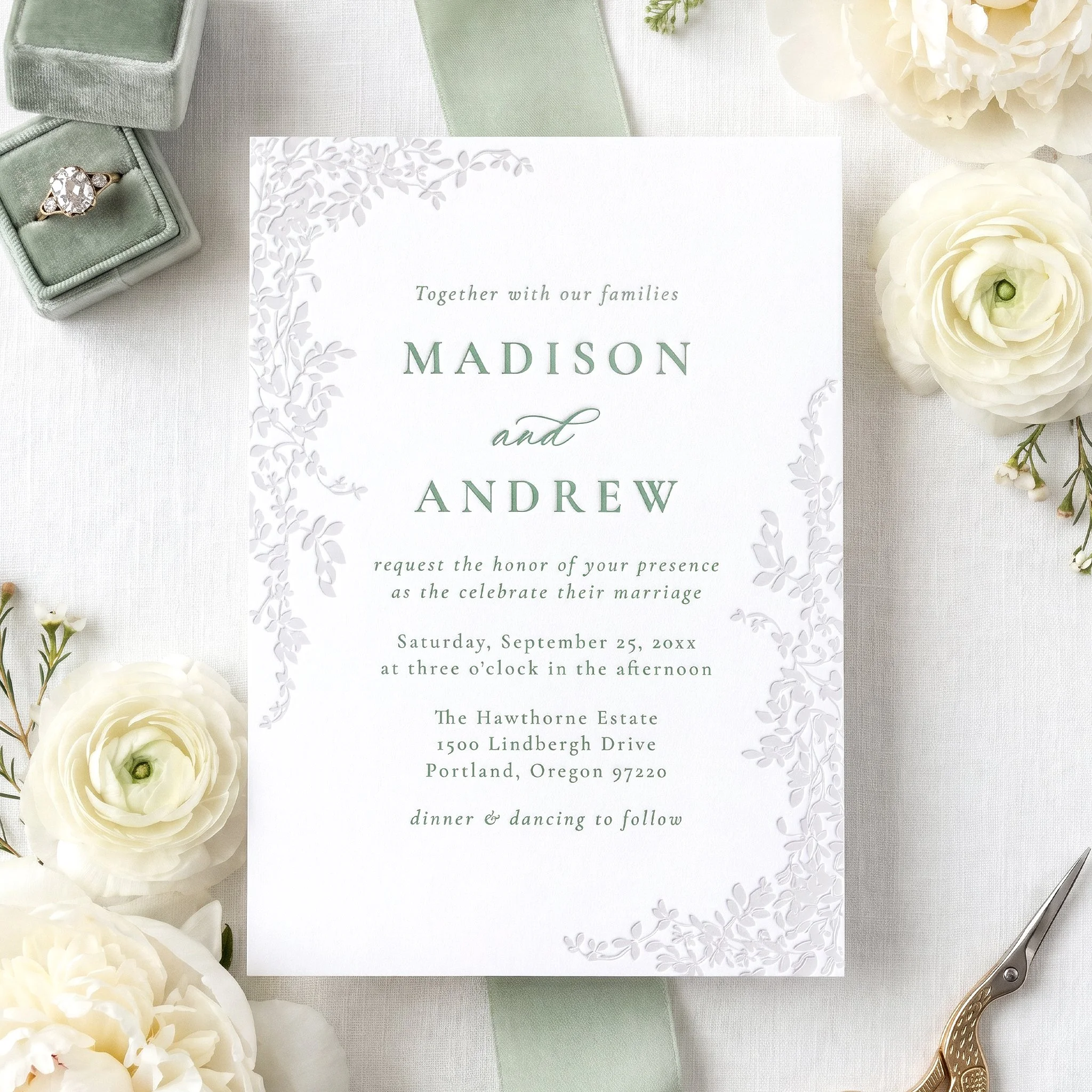 Elegant Cascading Vines Letterpress Wedding Invitation