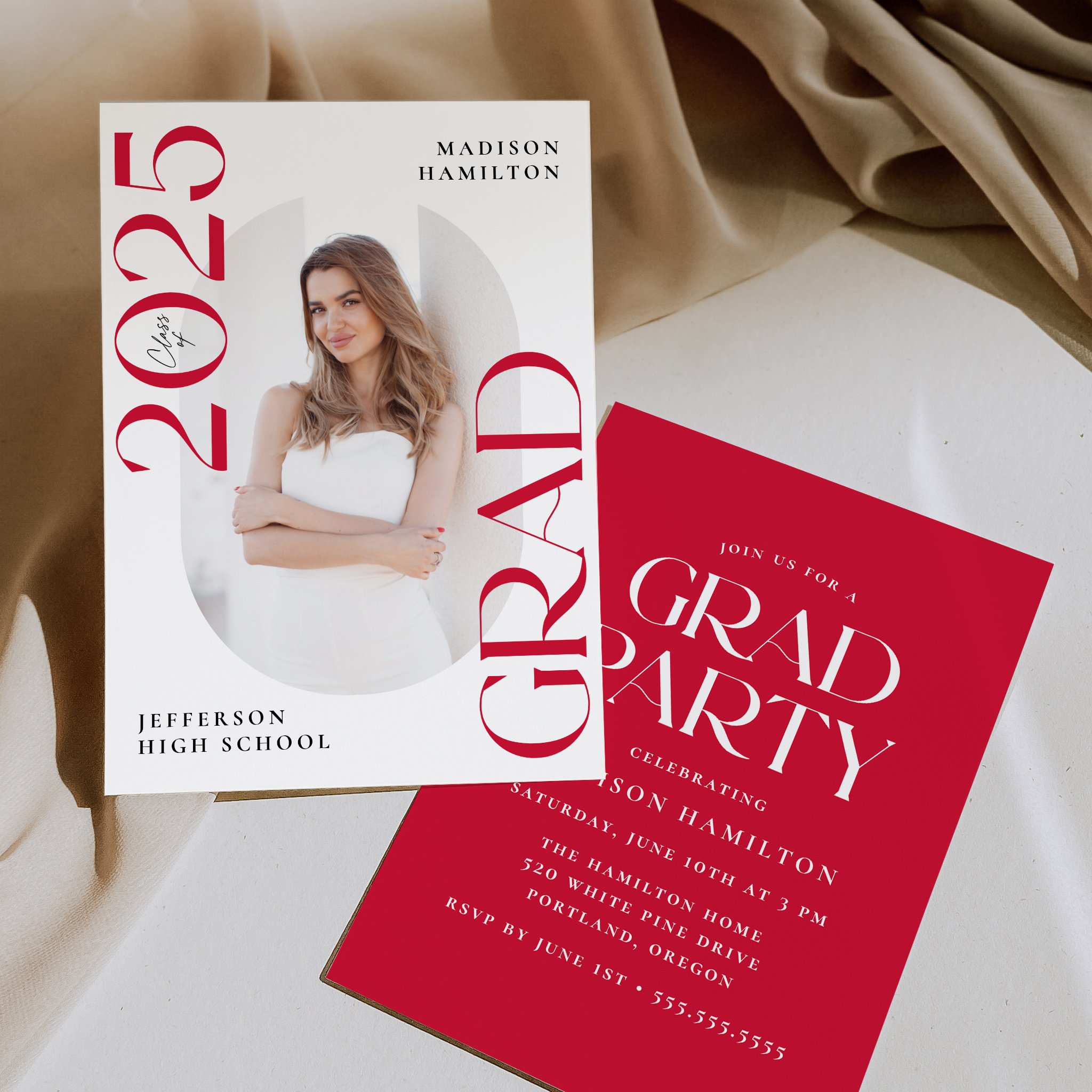 Class of 2025 photo graduation party invitation with red text, oblong photo frame, and white background