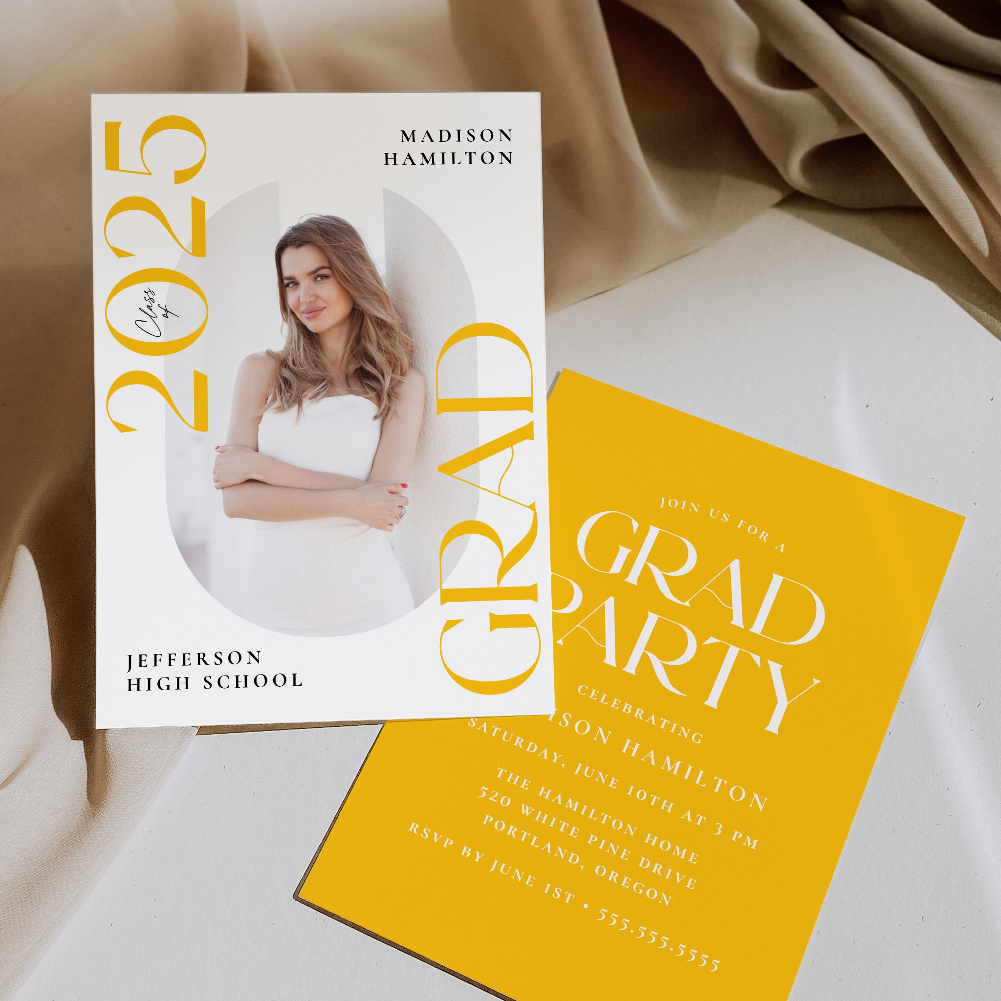 Class of 2025 photo graduation invitation with bold yellow text, script accents, oblong photo frame, and white background