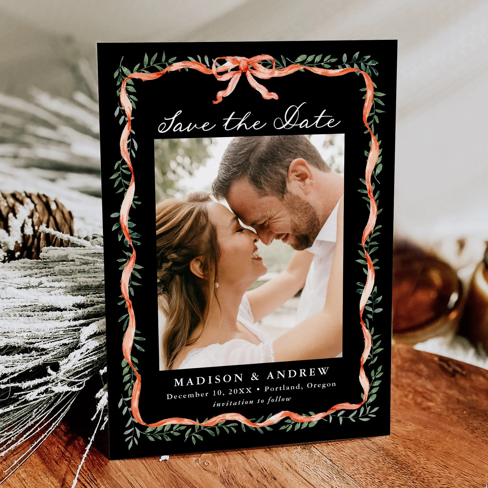 late-bloom-paperie_weddings_save-the-dates_elegant-red-ribbon-greenery-holiday_1_black.jpg