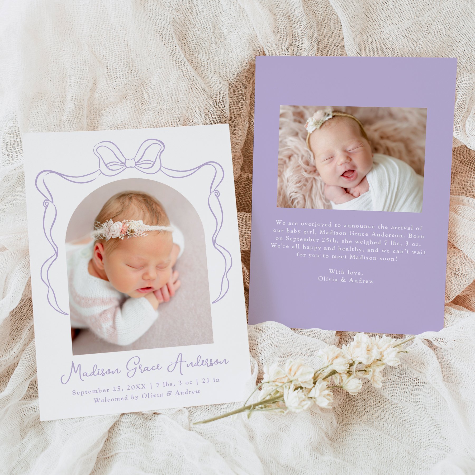 late-bloom-paperie_birth-announcements_elegant-vintage-bow-frame_front-and-back_lavender-purple.jpg