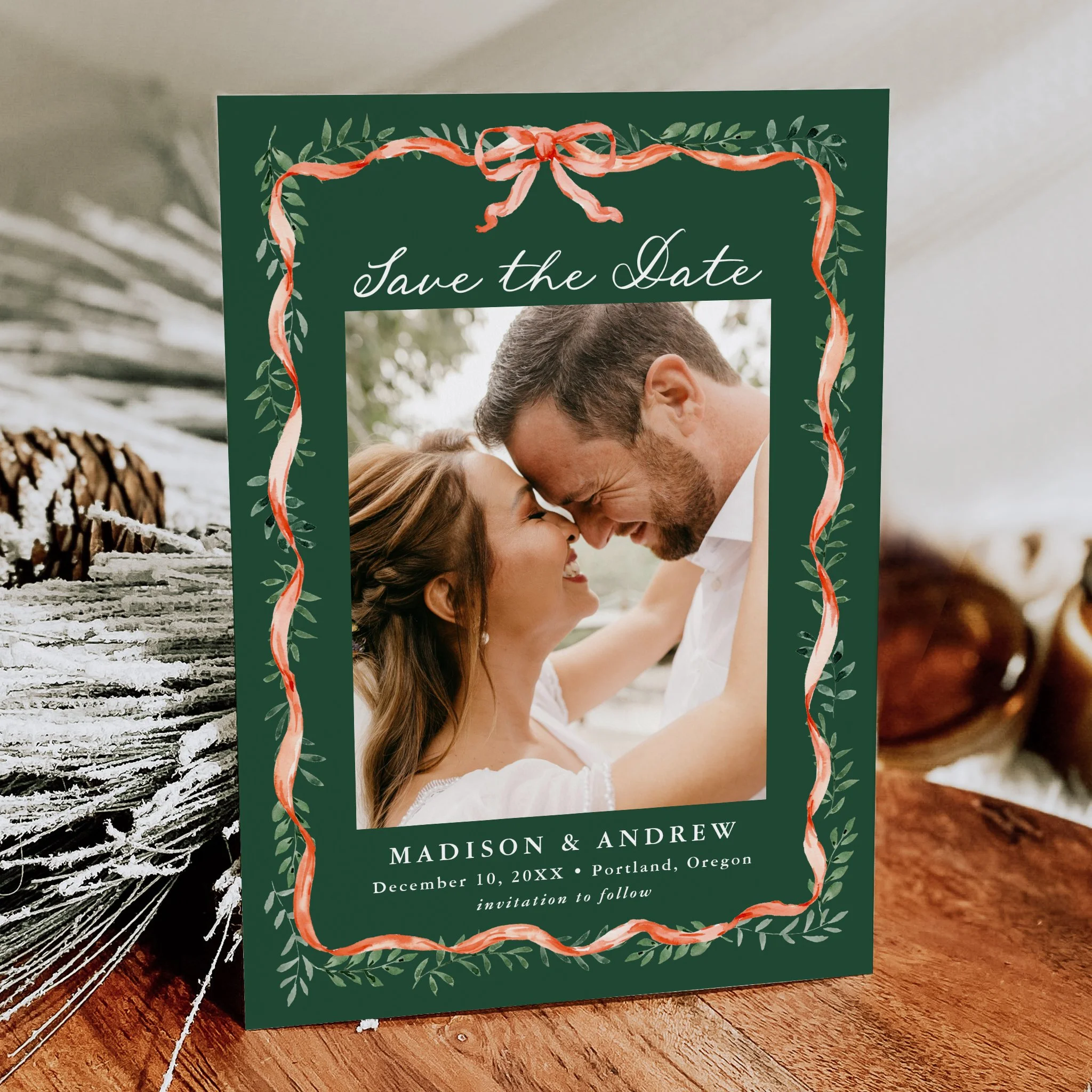 late-bloom-paperie_weddings_save-the-dates_elegant-red-ribbon-greenery-holiday_1_green.jpg