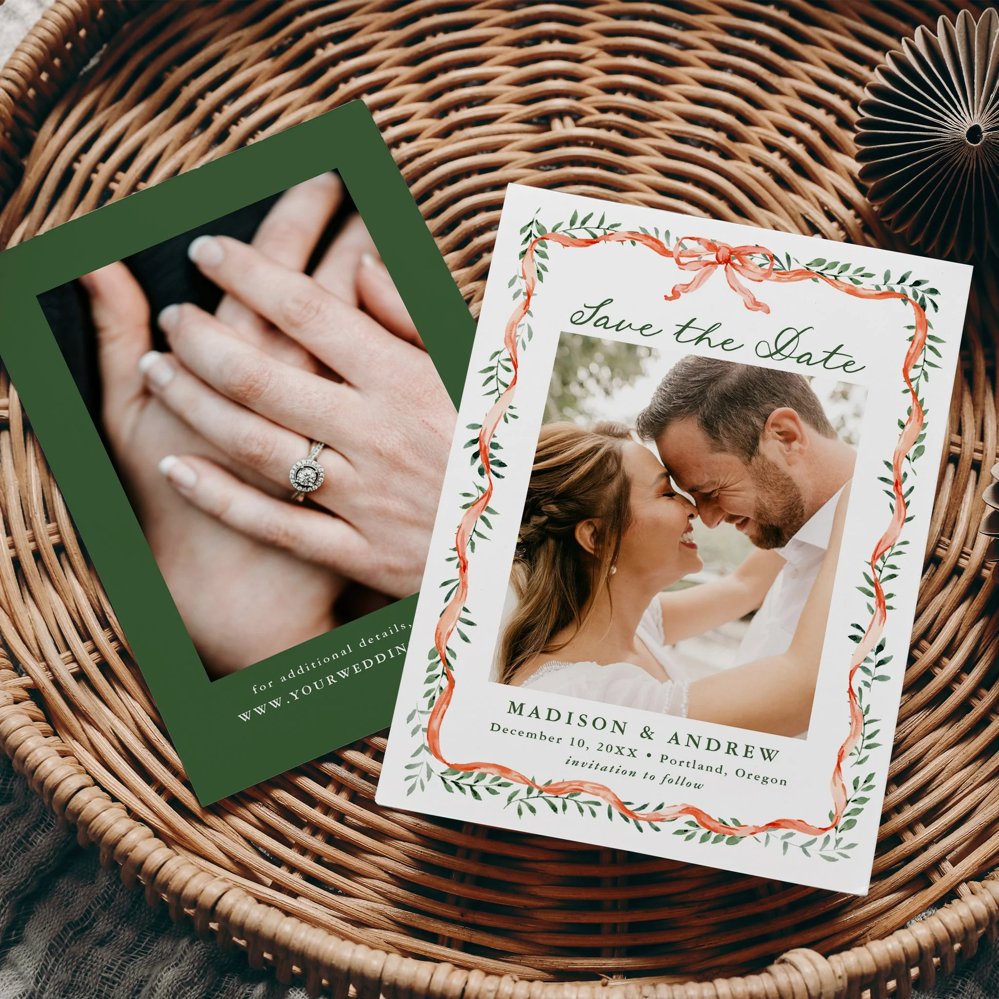 late-bloom-paperie_weddings_save-the-dates_elegant-red-ribbon-greenery-holiday_front-and-back_white.jpg