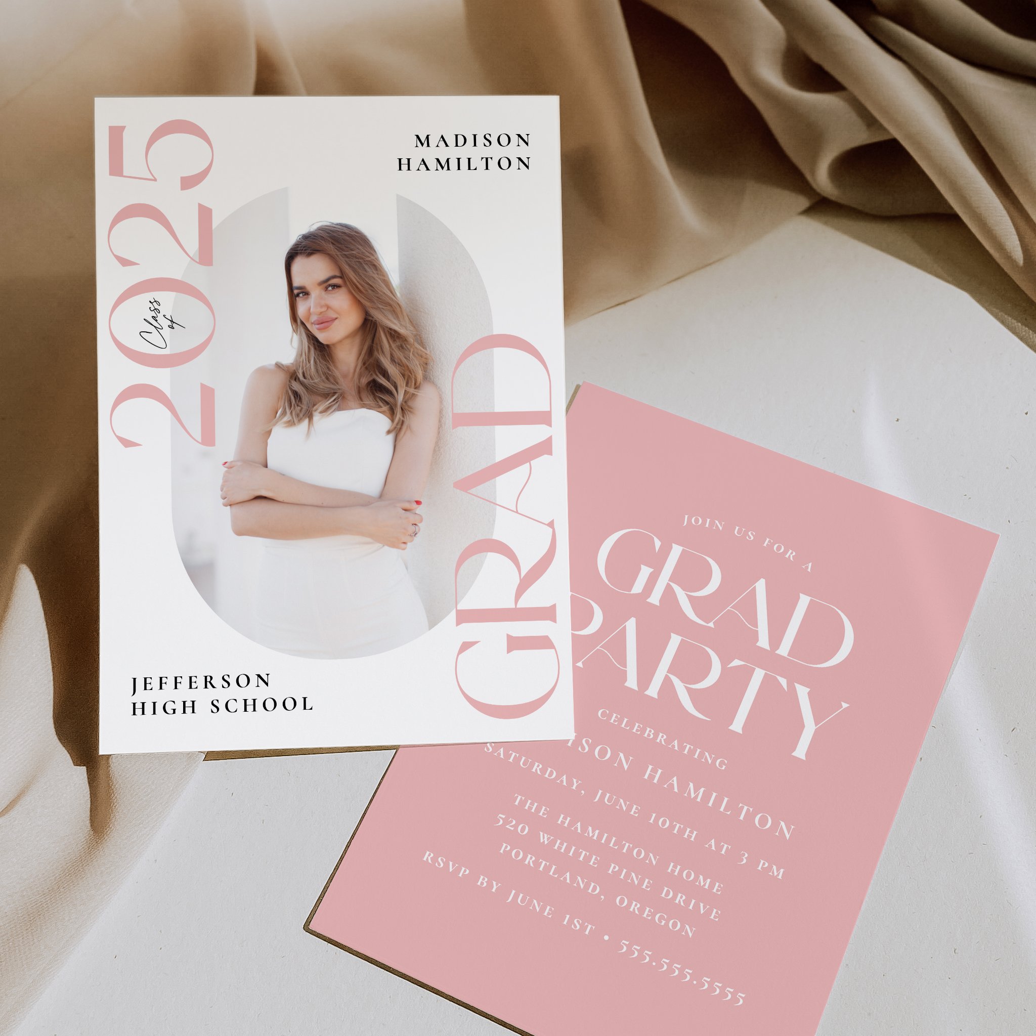 Class of 2025 photo graduation party invitation with pink text, oblong photo frame, and white background