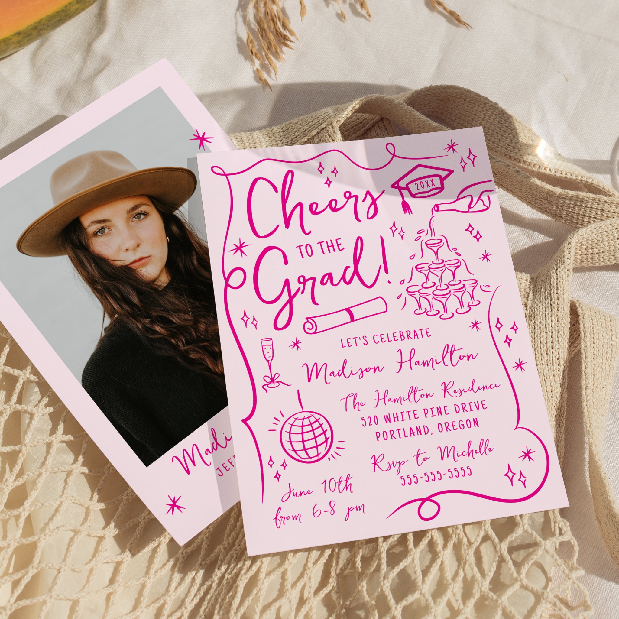 Cheers to the Grad! trendy graduation party invitation with hot pink script, hand-drawn illustrations, and light pink background