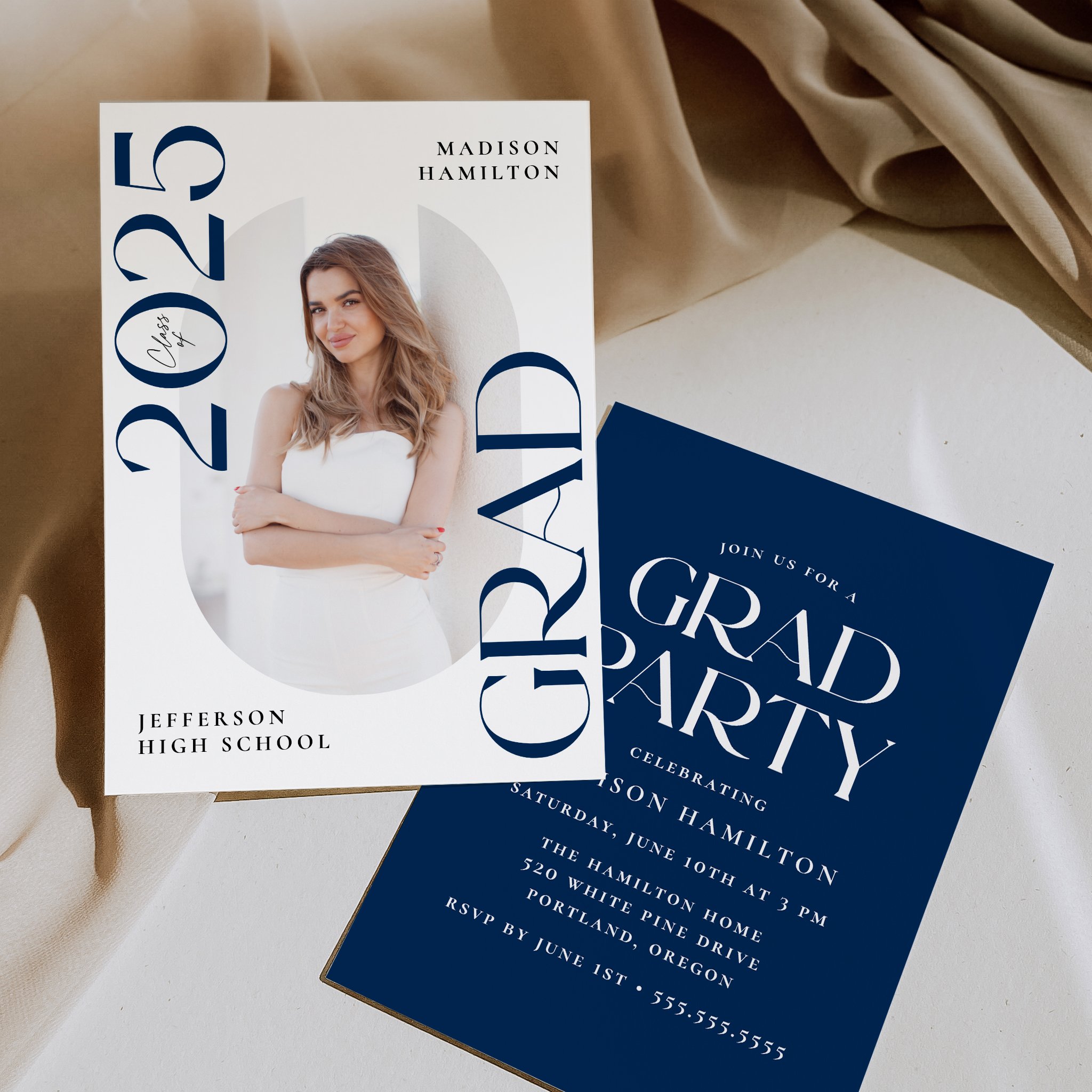 Class of 2025 photo graduation party invitation with navy text, oblong photo frame, and white background