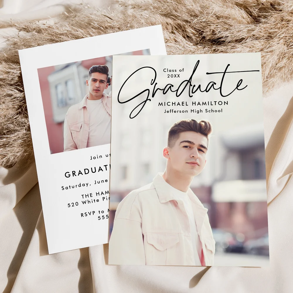 Modern Black Script 2 Photo Graduation Party Invitation  Late Bloom Paperie