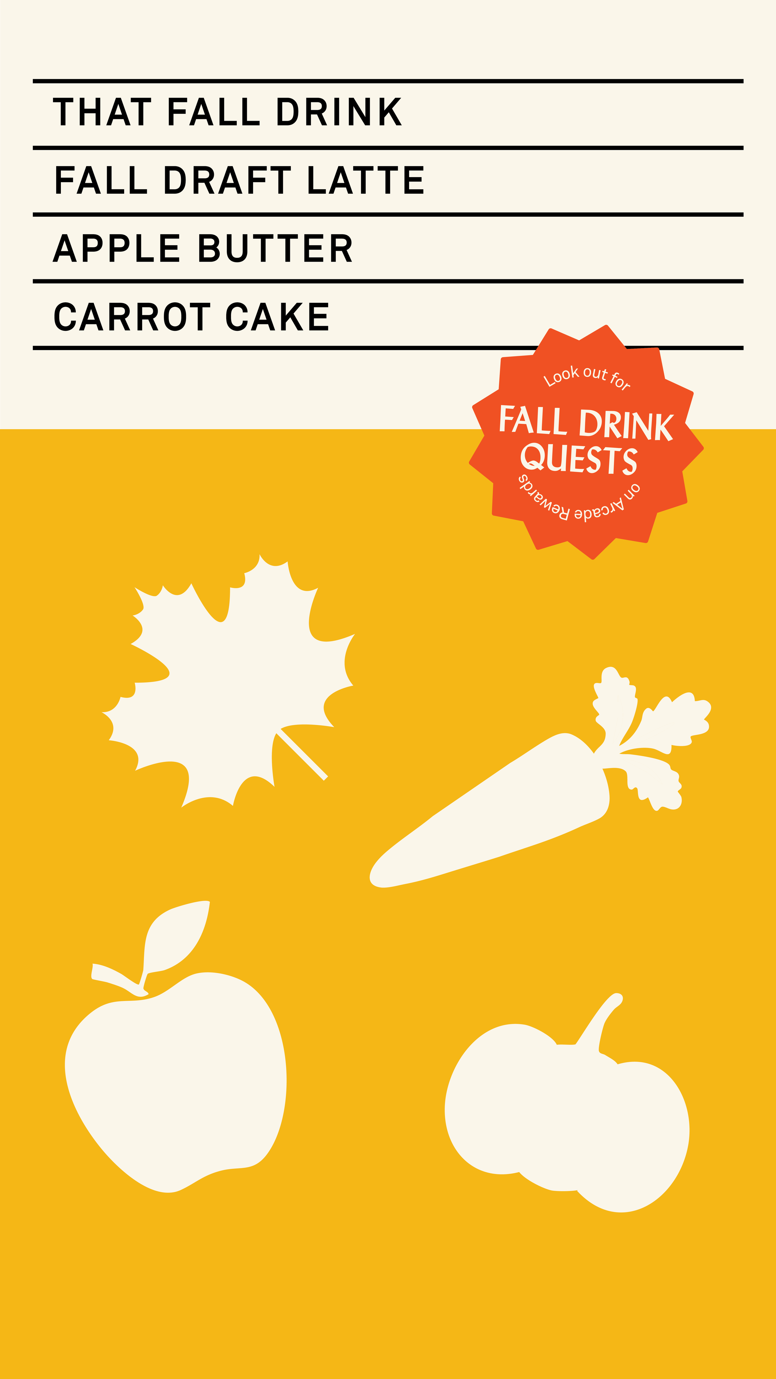 A fall-themed menu listing a fall drink, fall draft latte, apple butter, and carrot cake with illustrations of a pumpkin, apple, carrot, and a slice of pumpkin pie.