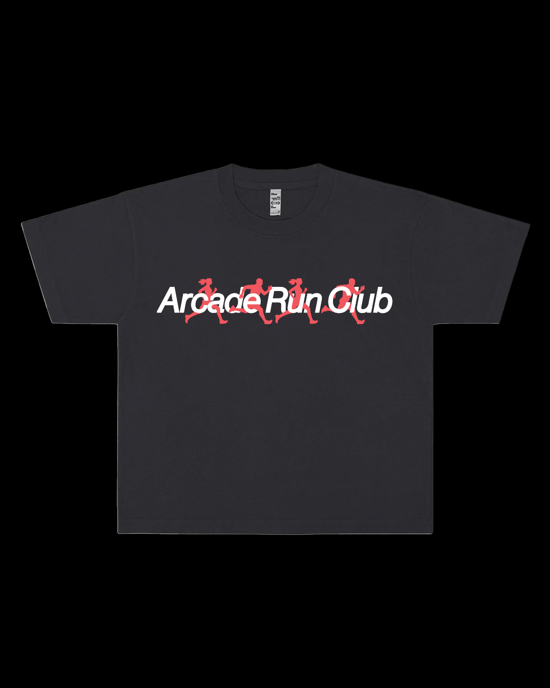 Black T-shirt with a graphic of five red running figures and the words 'Arcade Run Club' in white text.