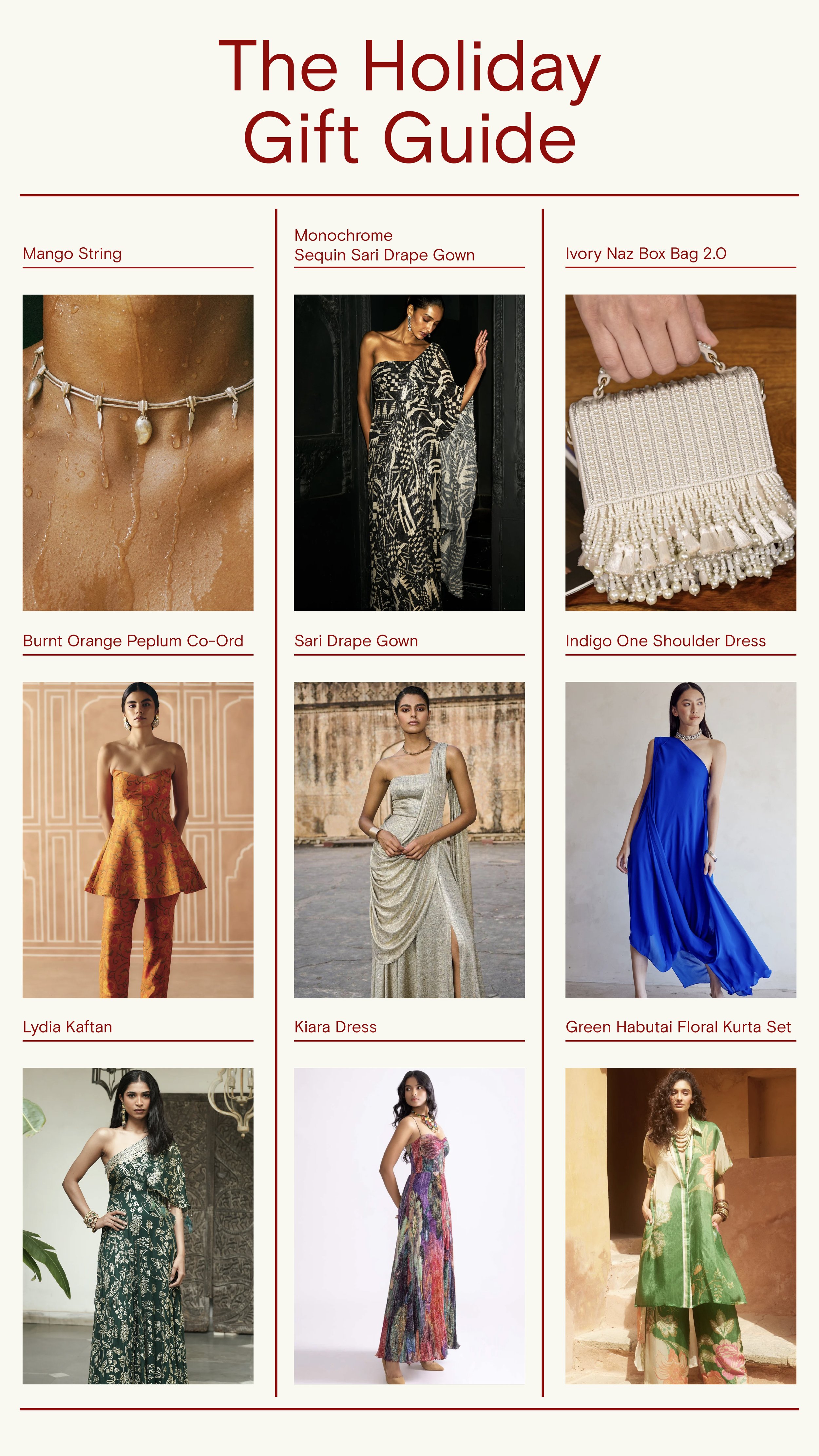 A holiday gift guide poster featuring images of clothing and accessories, including a pearl necklace, box bag, and various dresses with captions.