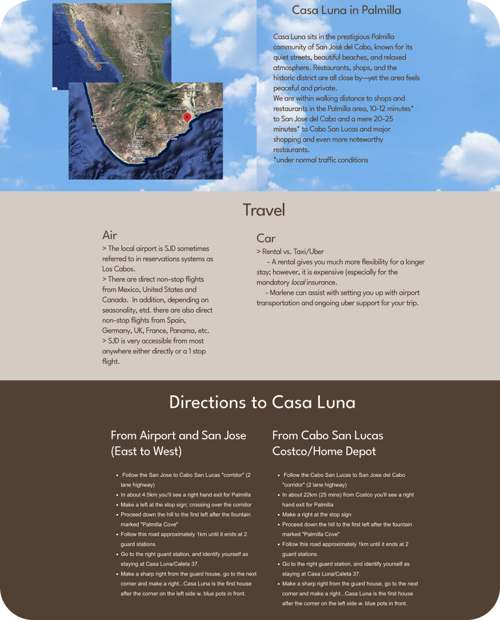 Information about Casa Luna in Palmillla including maps, travel options, and directions from the airport, San Jose, and Cabo San Lucas.
