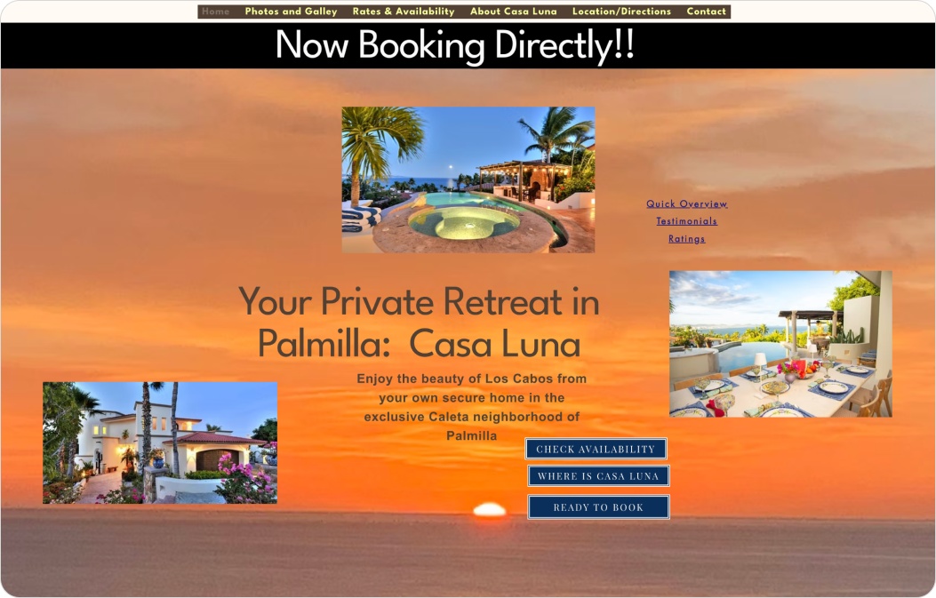 Webpage promoting Casa Luna private retreat in Palmilla, with sunset background, images of a pool, a house, and an outdoor dining area, and booking options.