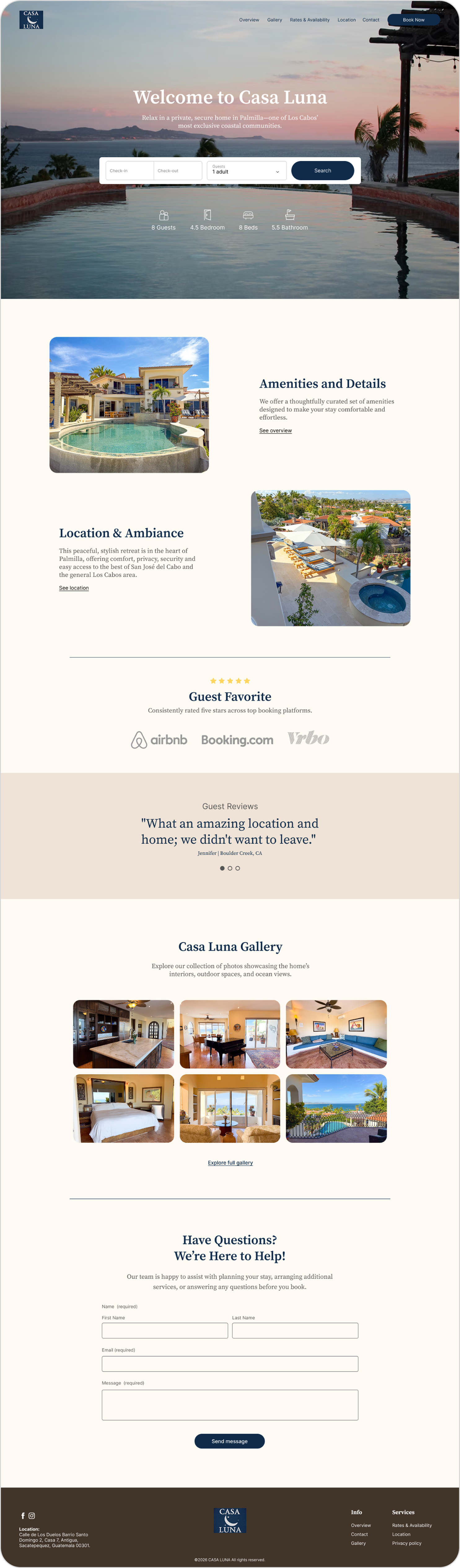Homepage of Casa Luna resort with a sunset view over a pool, featuring a flight of steps leading to the ocean and palm trees, and a search bar for booking accommodations.