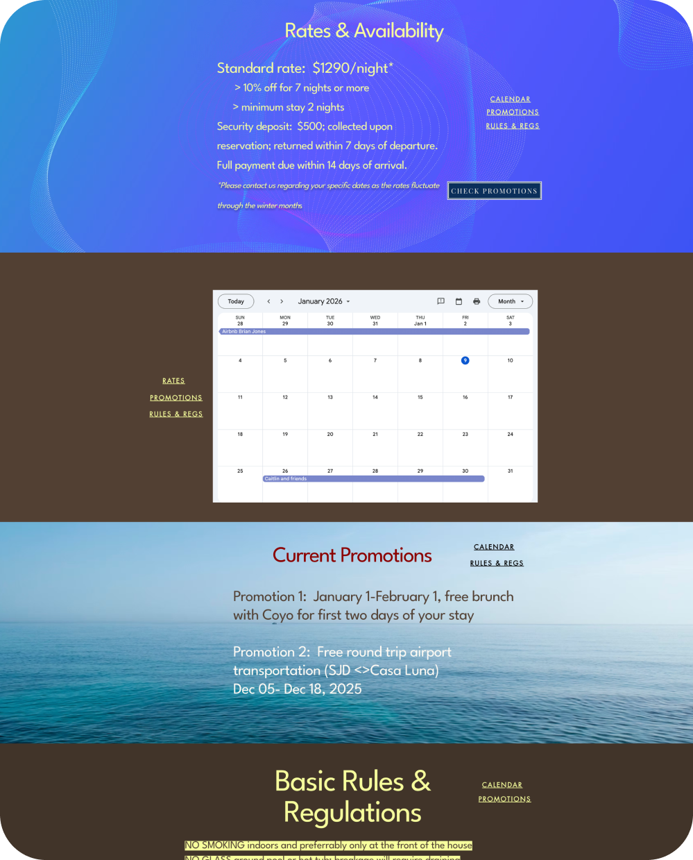Screenshot of a hotel or property website showcasing rates, availability, and promotions for January 2026. Sections include rates and policies, a calendar, current promotions, and basic rules and regulations.