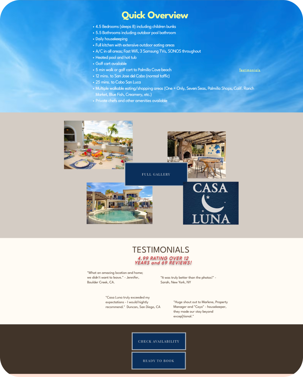 A website split into sections showcasing Casa Luna, a vacation rental. The top section lists amenities like bedrooms, bathrooms, outdoor pool, full kitchen, air conditioning, Wi-Fi, TVs, and more; it also features a link to testimonials. Below, three images display outdoor dining, a pool area, and a covered patio. The Casa Luna logo with a moon and star is visible. The testimonials section highlights positive reviews, and at the bottom, there are two buttons for checking availability and booking.