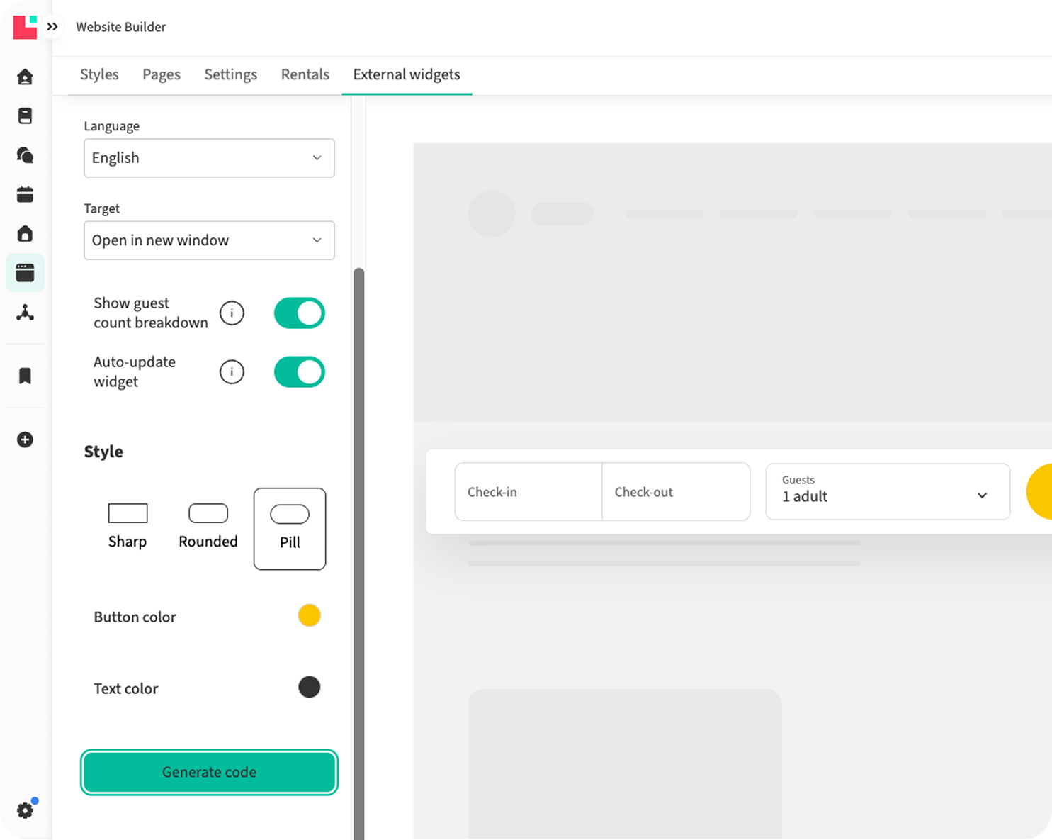 Screenshot of a website builder interface with tabs labeled Styles, Pages, Settings, Rentals, and External widgets. The left panel has customization options for language, target, guest count breakdown, auto-update widget, style, button color, and text color, and a green Generate code button. The central part of the screen shows a booking form with check-in, check-out, and guest number fields.