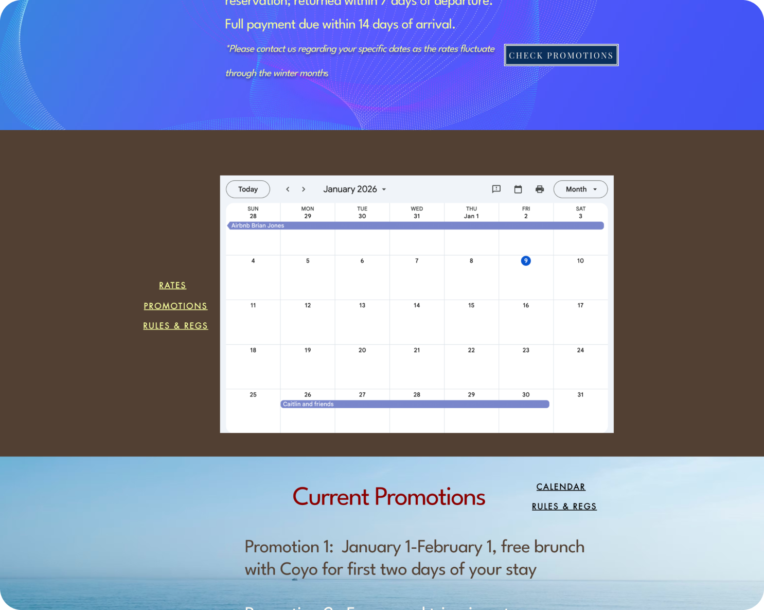 A webpage displaying a calendar for January 2026, with specific booking details and promotional information for a hotel or accommodation website, including current promotions like free brunch for early stays.