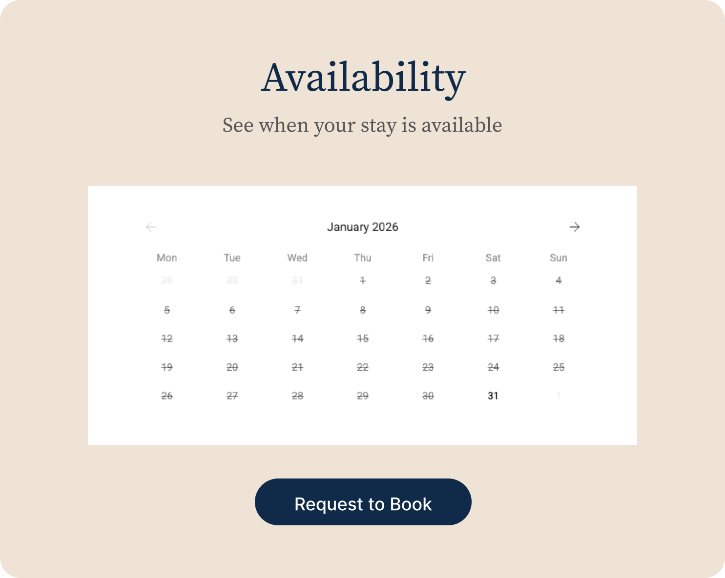 Calendar for January 2026 showing availability, with a button labeled Request to Book beneath.