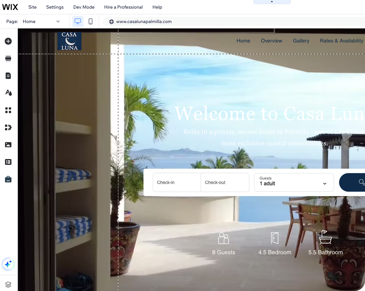 Webpage screenshot of Casa Luna rental property showing an outdoor patio with potted plants, a view of the ocean with palm trees, and a seating area with wooden chairs and a table.