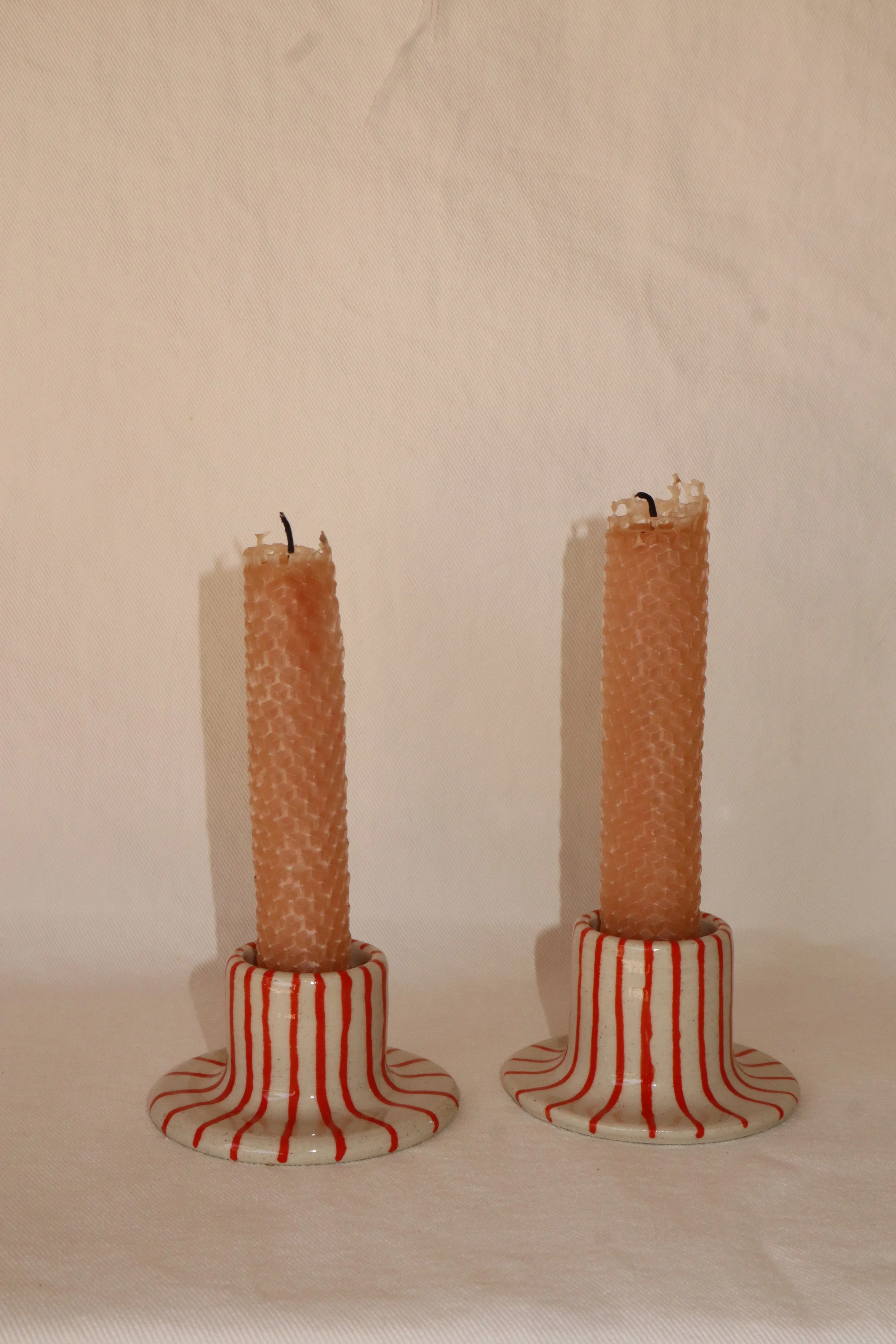 Red Stripe Candle Holder Set