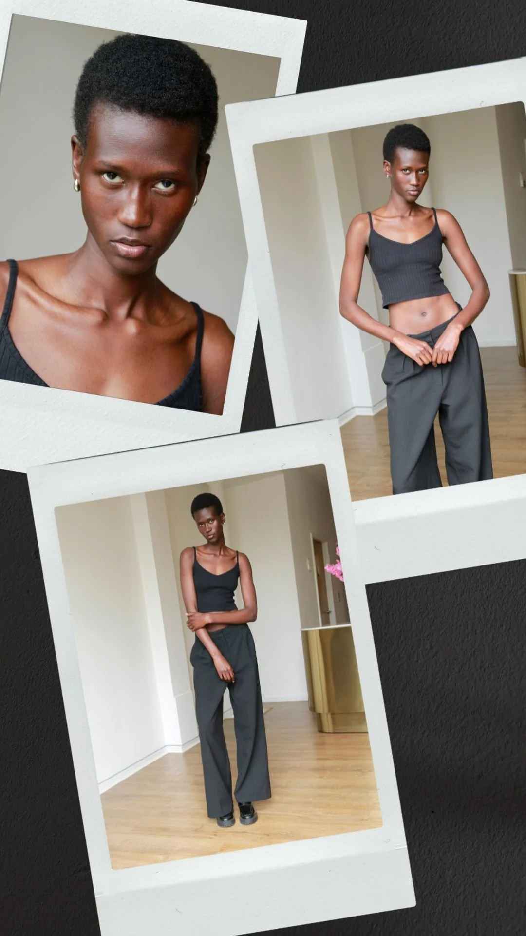 Series of three photos of a young Black woman with short natural hair, wearing a black tank top and loose black pants, posing in a minimalistic, well-lit room with light-colored walls and wooden floors.