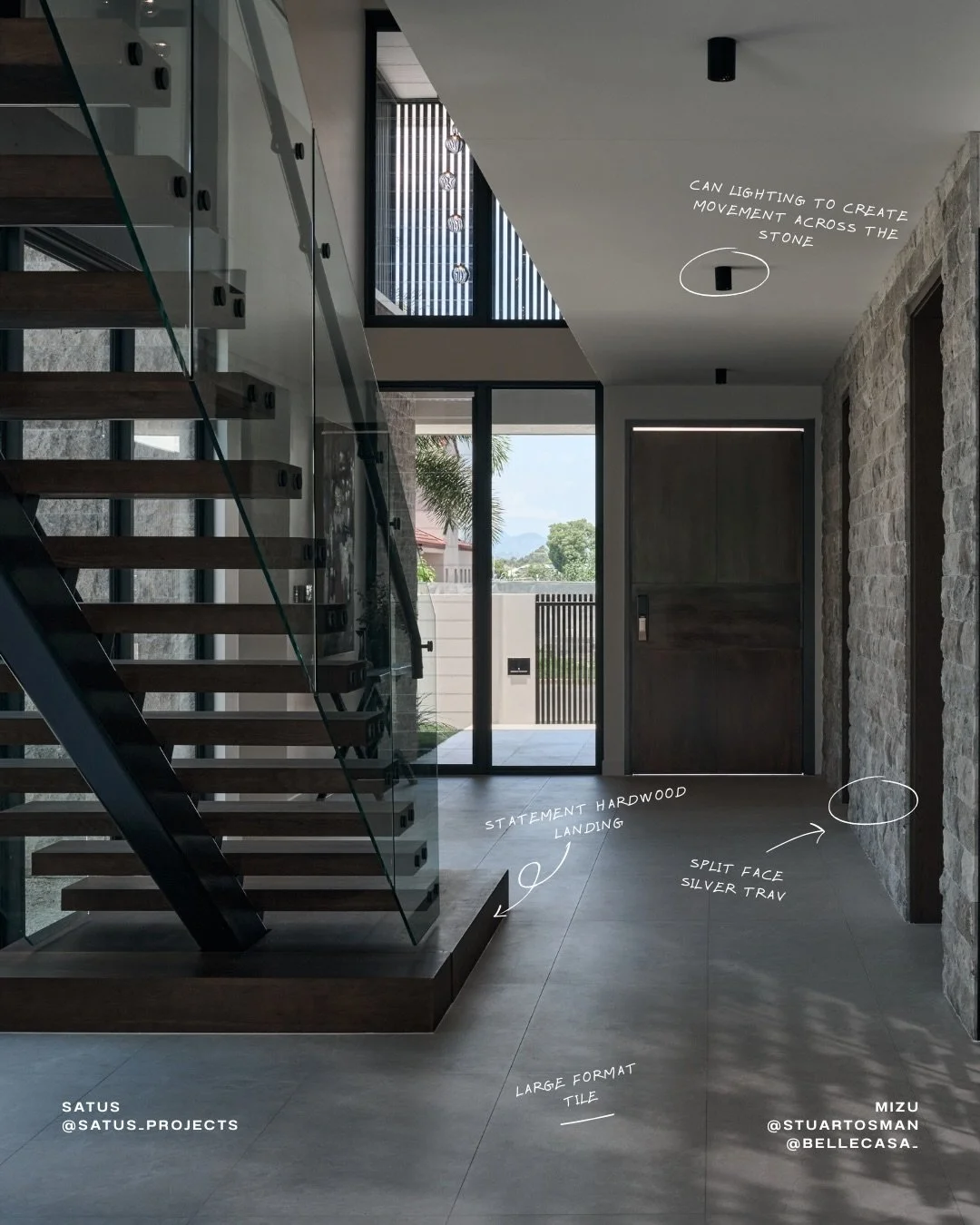 The entry sets the tone for everything that follows.

Every material was chosen with intent, layering texture, tone, and contrast to create a calm, grounded arrival. Stone for depth, timber for warmth, and light used carefully to bring it all togethe