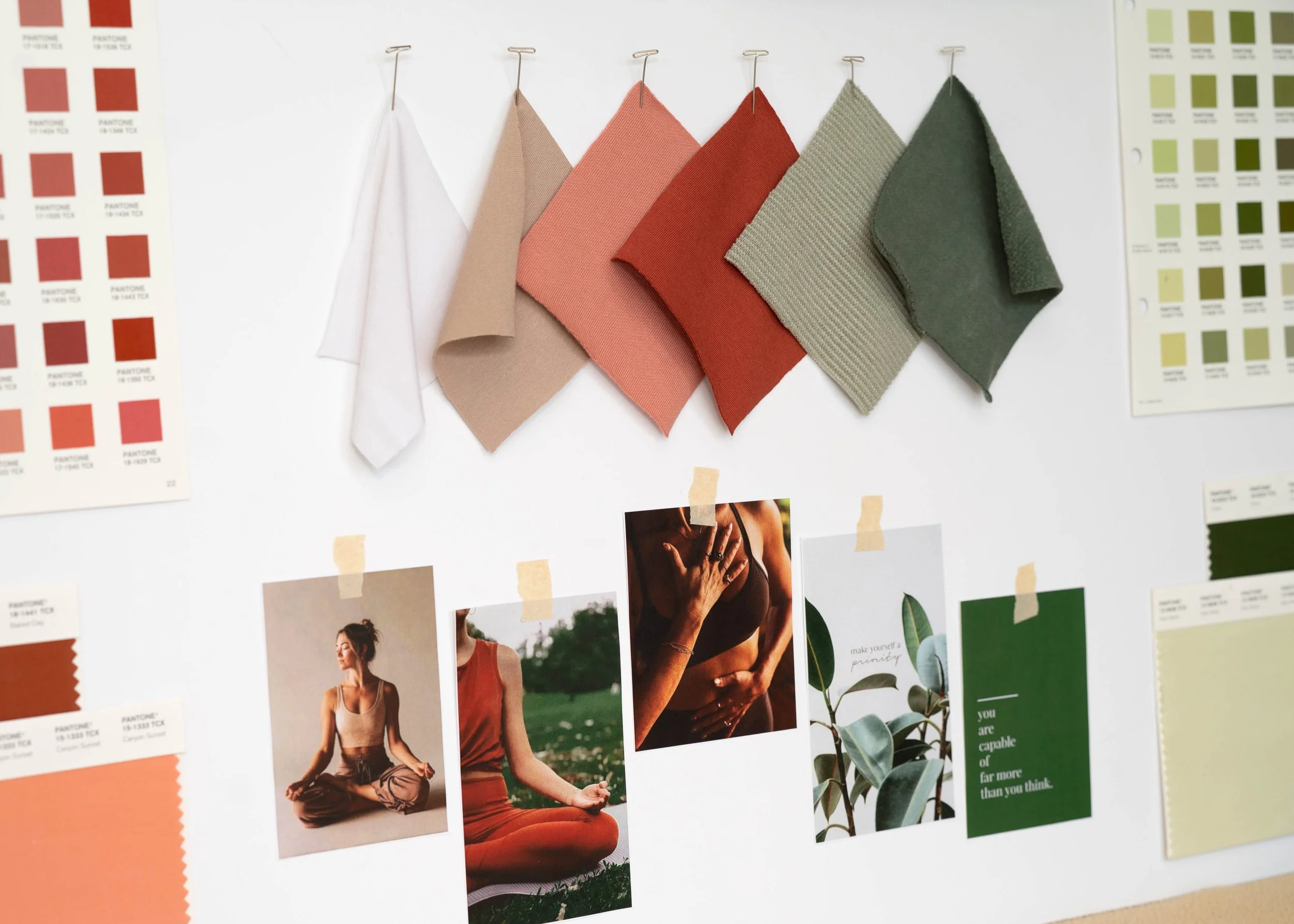 This is an image of a mood board with fabric swatches and inspirational images