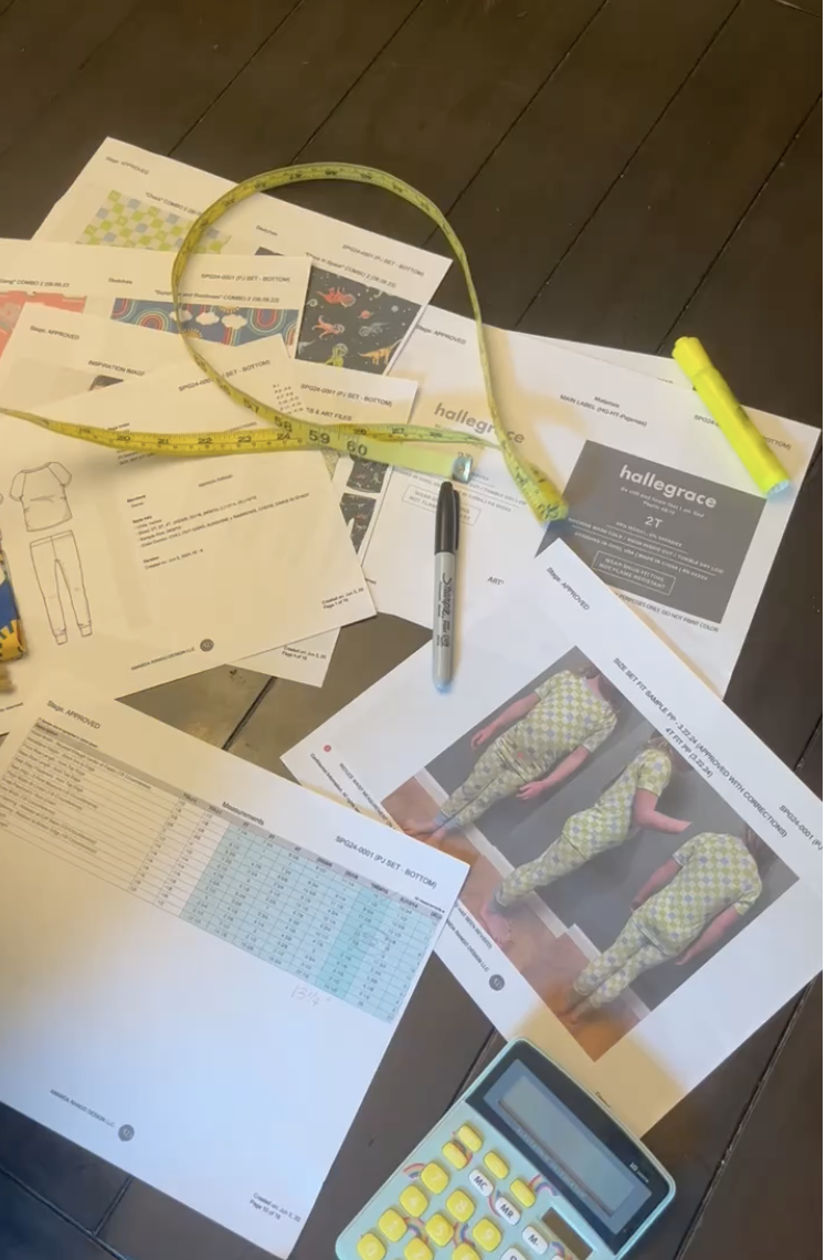 This is an image of the fit process with ARD Fashion Consulting, including measurements in tech packs and fit reviews on a fit model