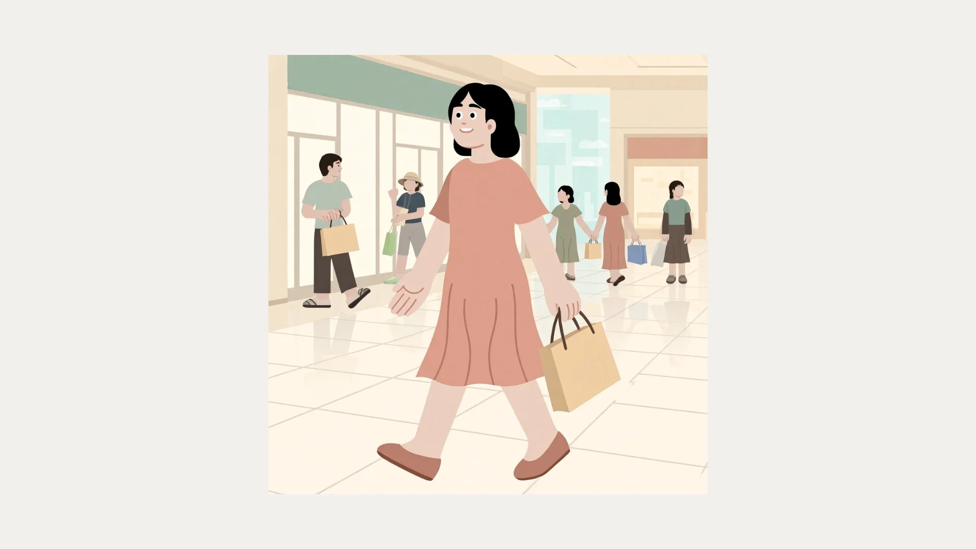 This is a cartoon graphic of a shopper in a mall