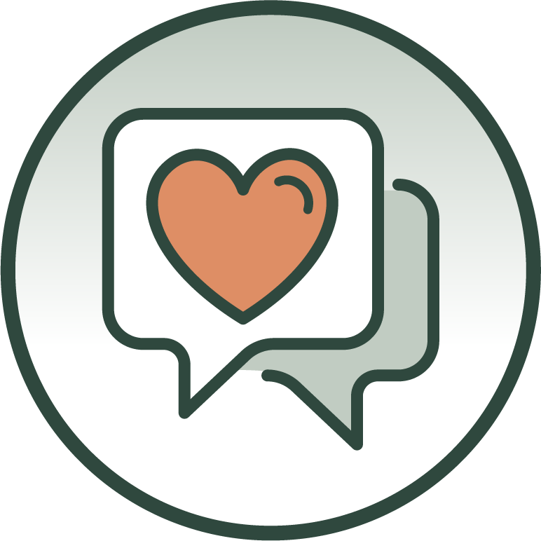 This is an icon of two hearts inside of a conversation bubble