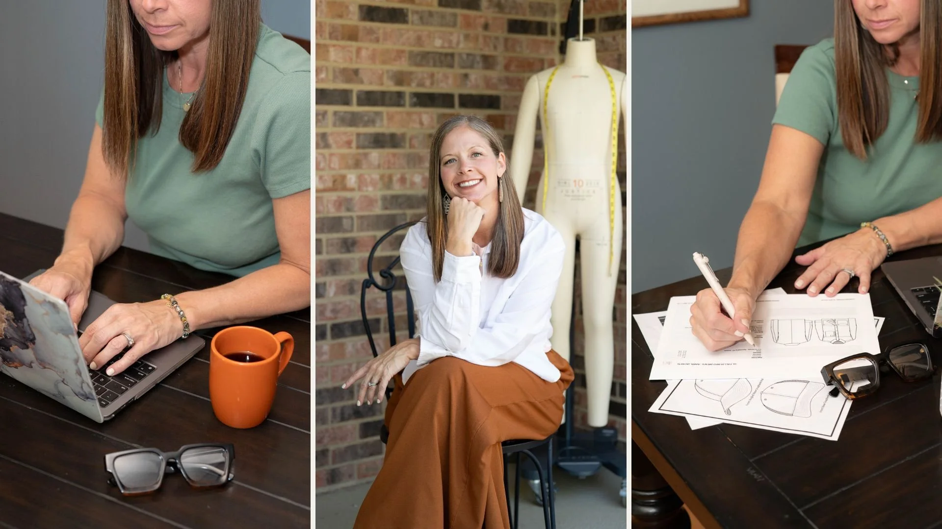This is a three part image of Amanda sitting at a computer, Amanda sitting on a chair smiling in front of a fit form, and Amanda writing in a tech pack.