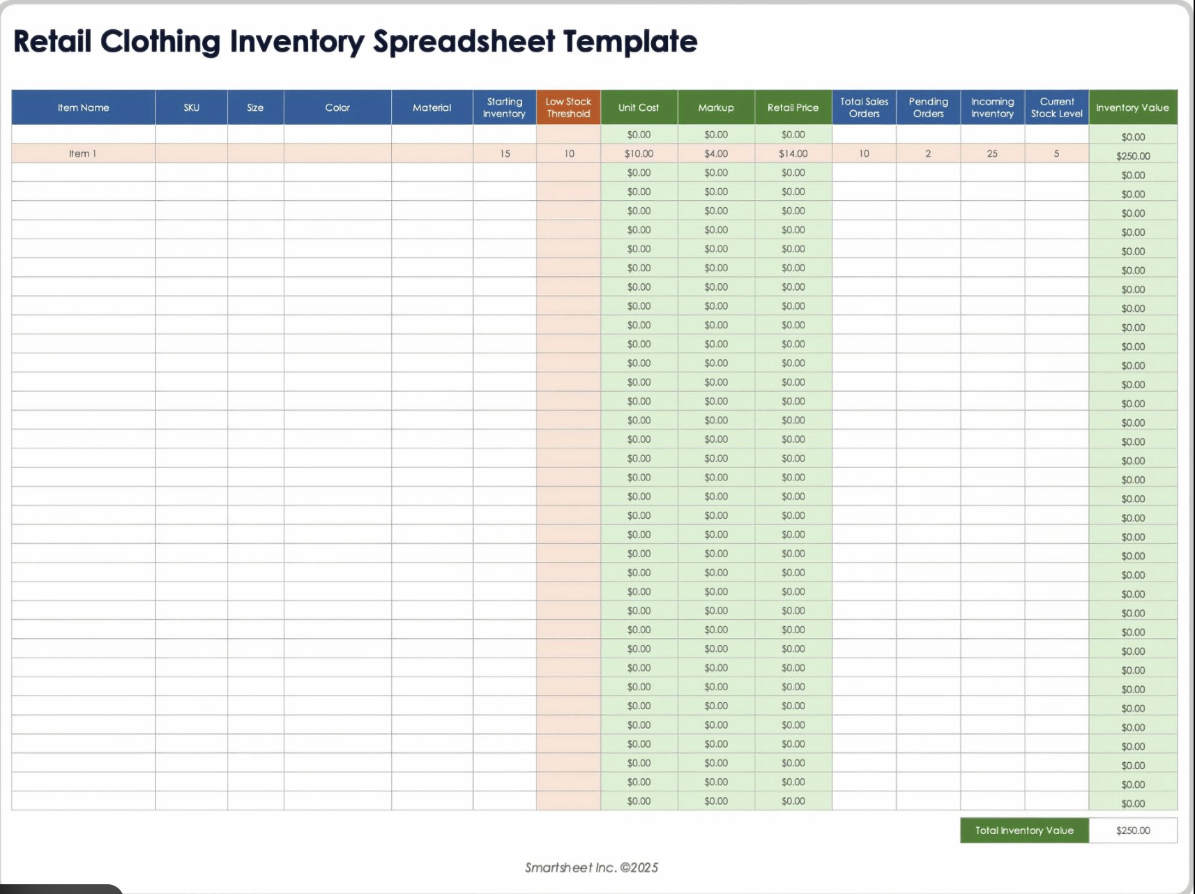 This is an image of a retail inventory spreadsheet template