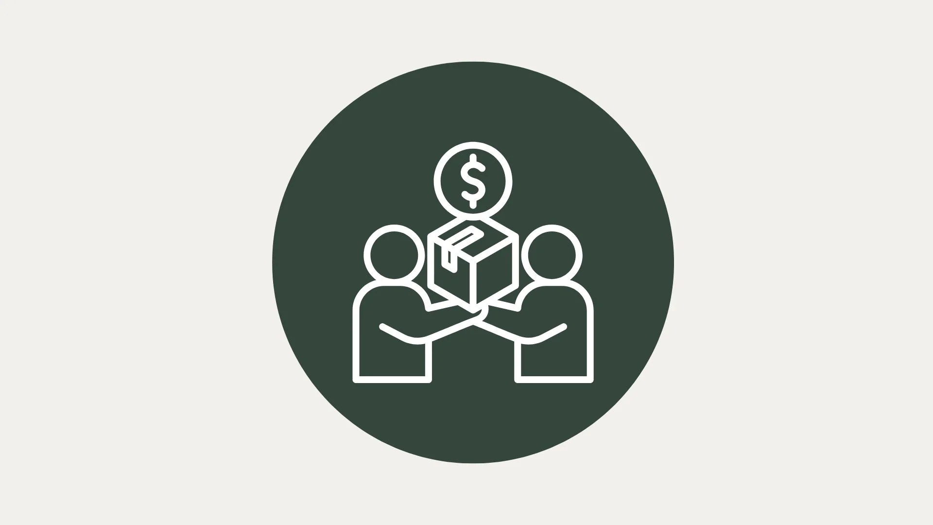 This is a graphic of two figures exchanging a box with a money sign floating above them