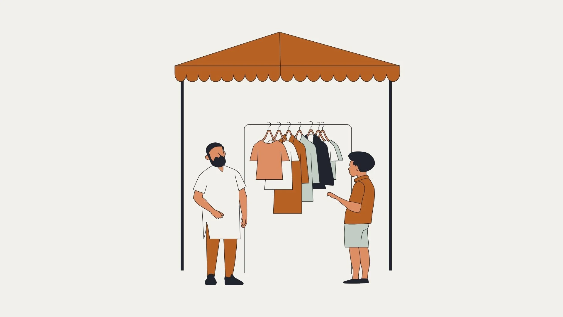 This is a graphic of a two people conversing under a tent with a rack of clothes for sale in between them.