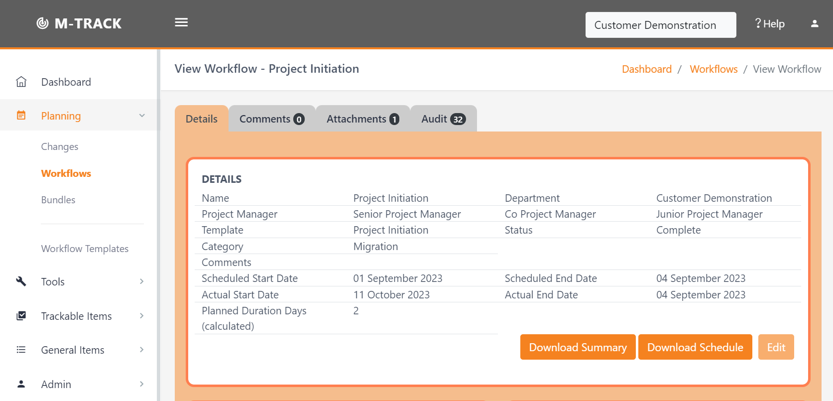 Screenshot of a project management software dashboard showing project details, schedule, and options to download summary and schedule.
