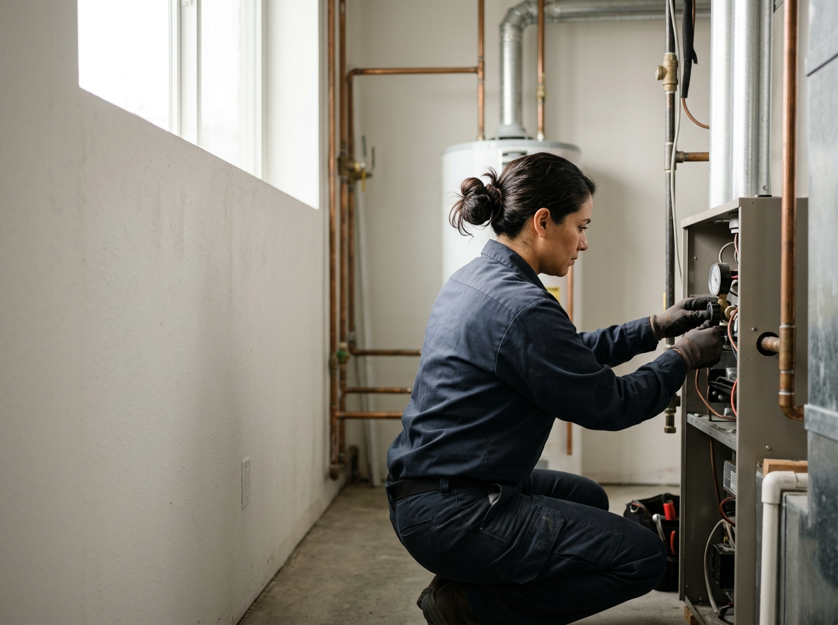 A Carrier HVAC furnace with PVC and copper pipes connected for heating or cooling system.