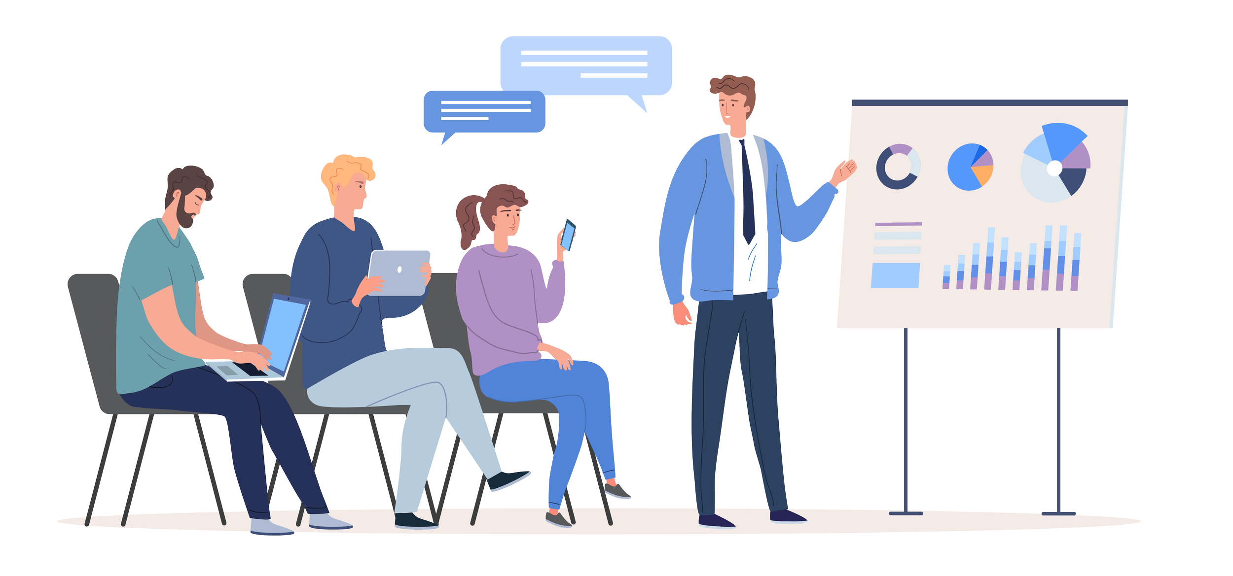 A business presentation in a meeting room with a man in a suit leading, standing next to a large chart showing pie charts and bar graphs, while three people seated are using laptops and smartphones, listening attentively.