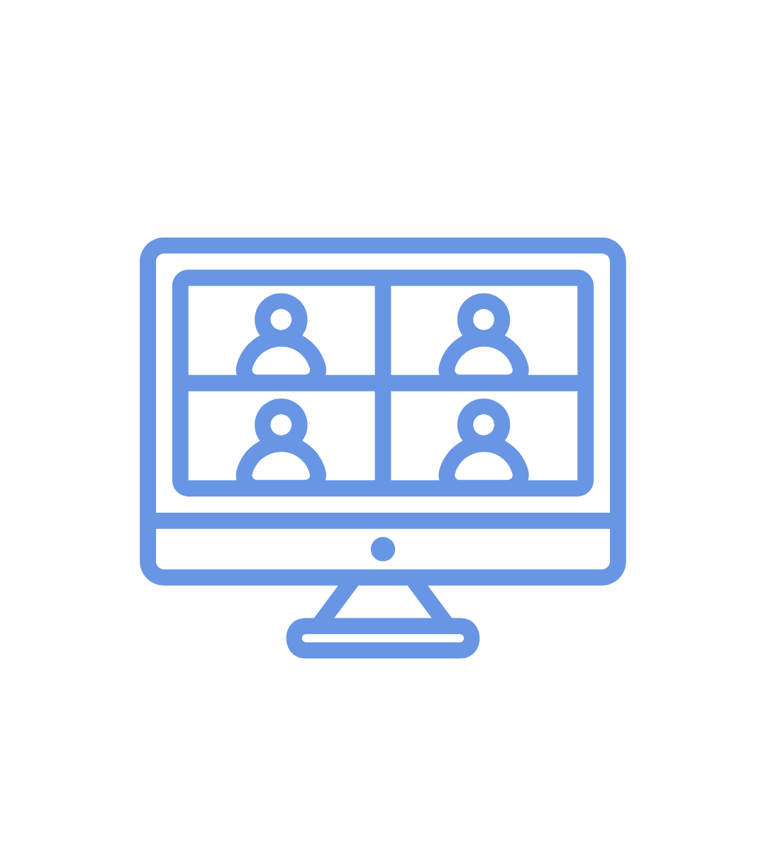 Line drawing of a computer monitor displaying a video conference with four participants in a grid.