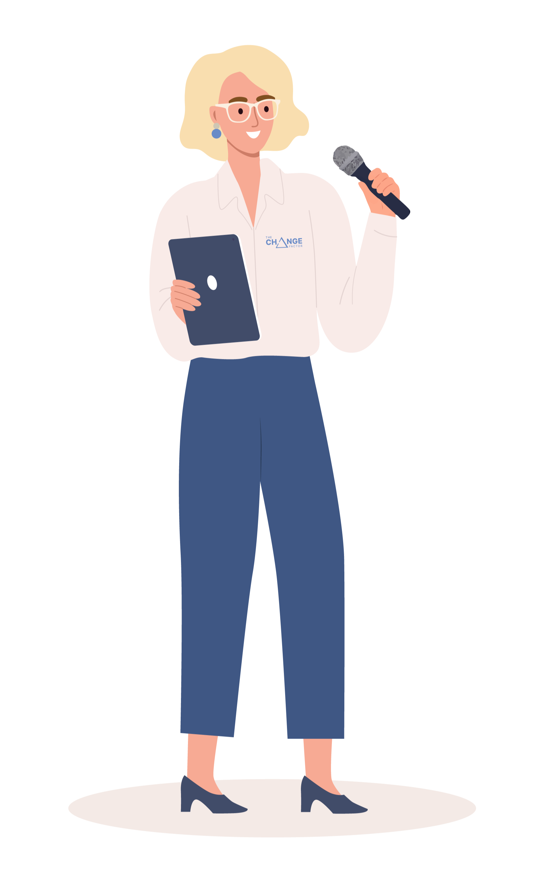 Illustration of a woman with blonde hair, glasses, and blue earrings, wearing a white shirt with a logo that says 'The Change Factor.' She is holding a tablet in her left hand and using her right hand to turn a large knob on a gray machine or device, standing on a circular white surface.