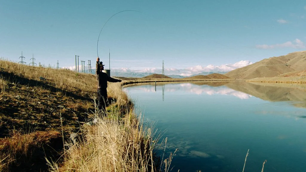 Person fishing by a calm lakeside on a clear day with rolling hills in the background.