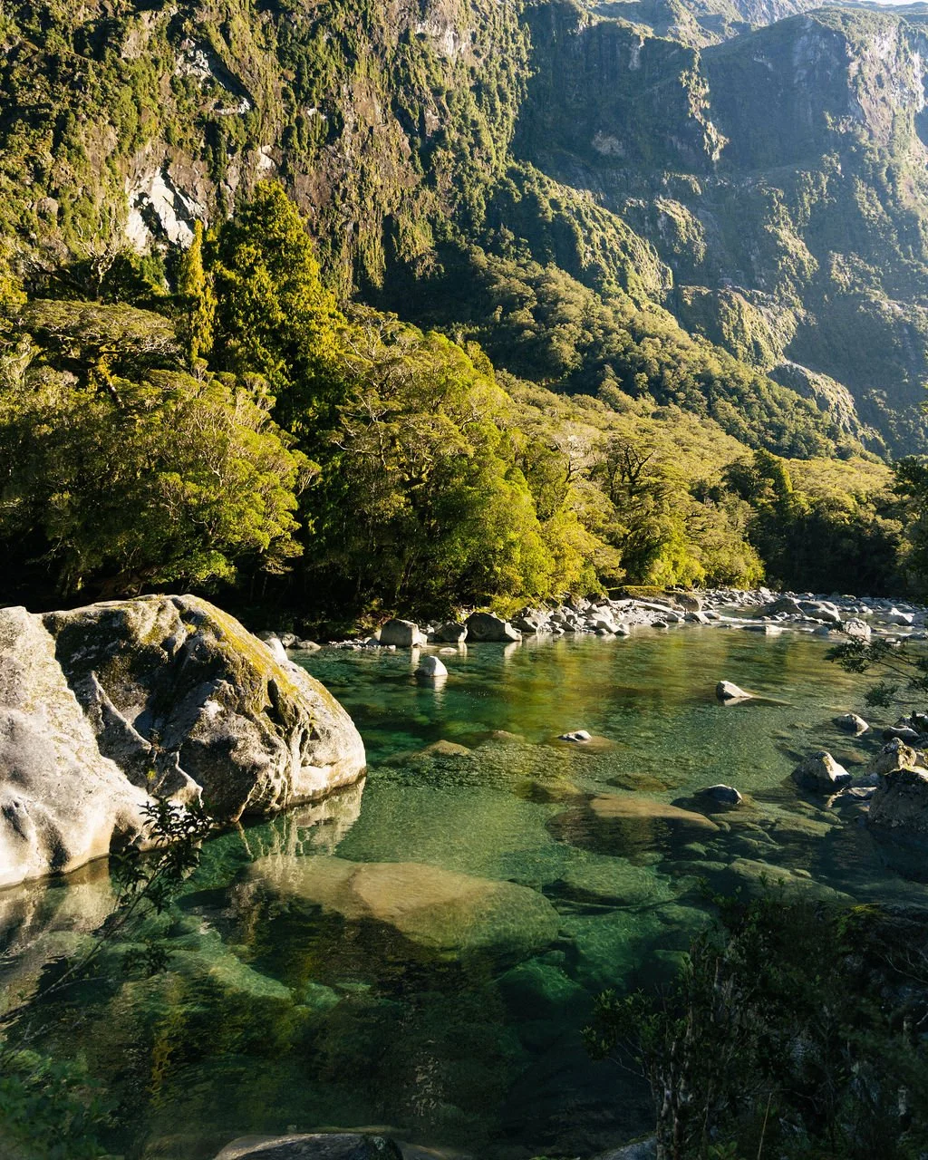 A clear river flows through a lush green forest with steep cliffs in the background, possibly in a mountainous area.