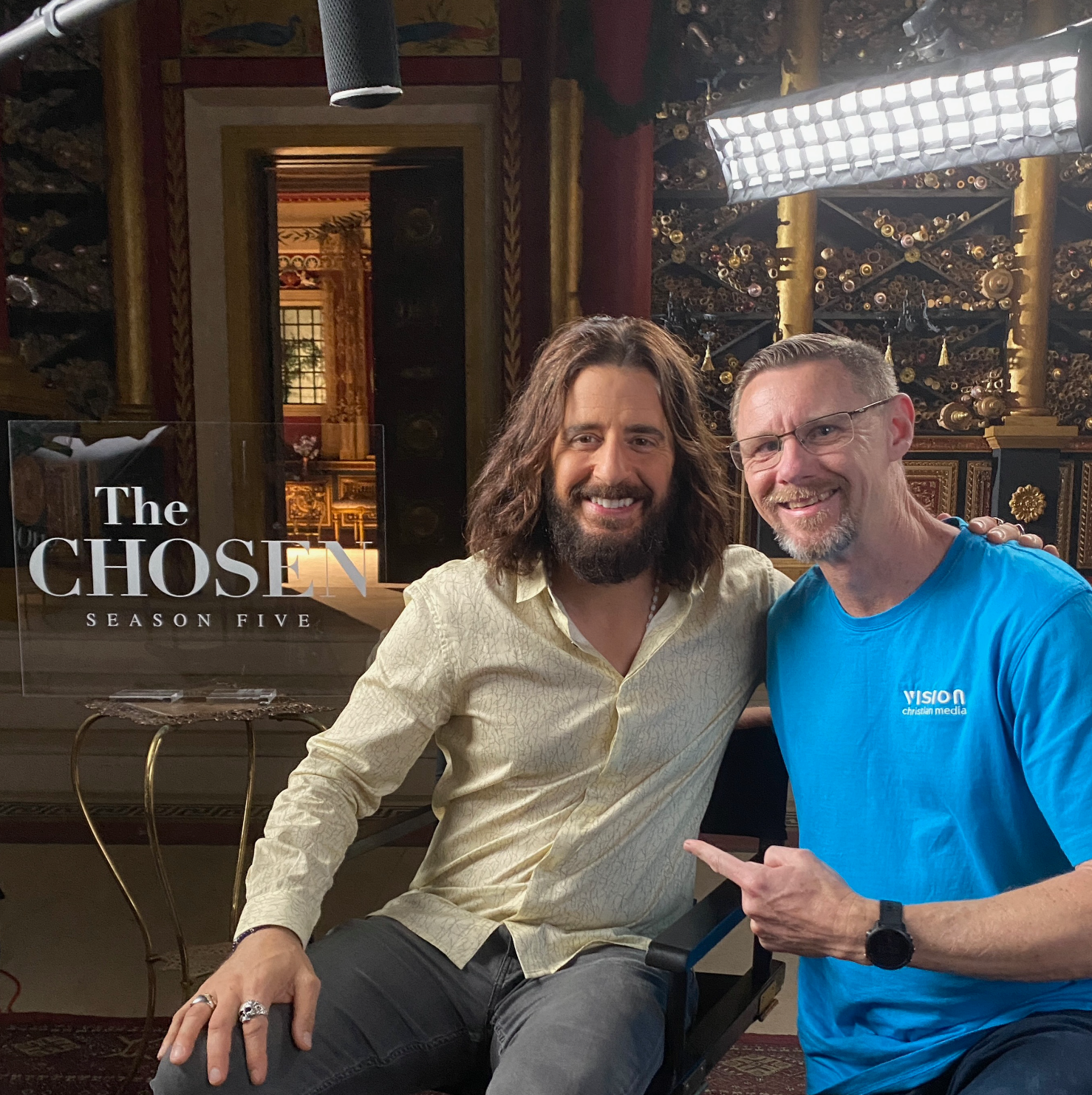 Andrew 'Robbo' Robinson sharing a moment with Jesus (Jonothan Roumie) – because even the Son of God needs a good chat about life on the Gold Coast