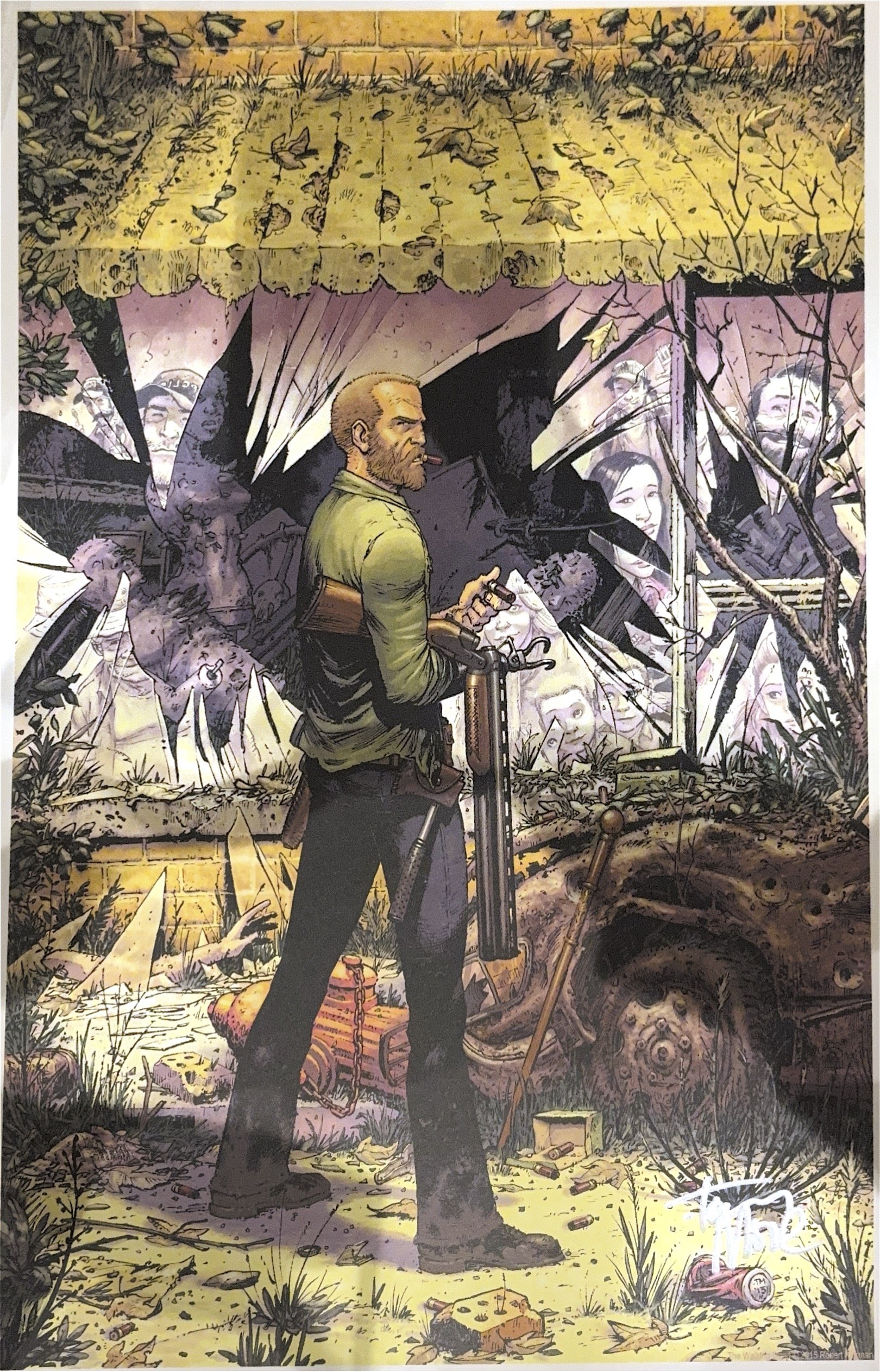 The Walking Dead print featuring man standing in front of broken window holding a gun.