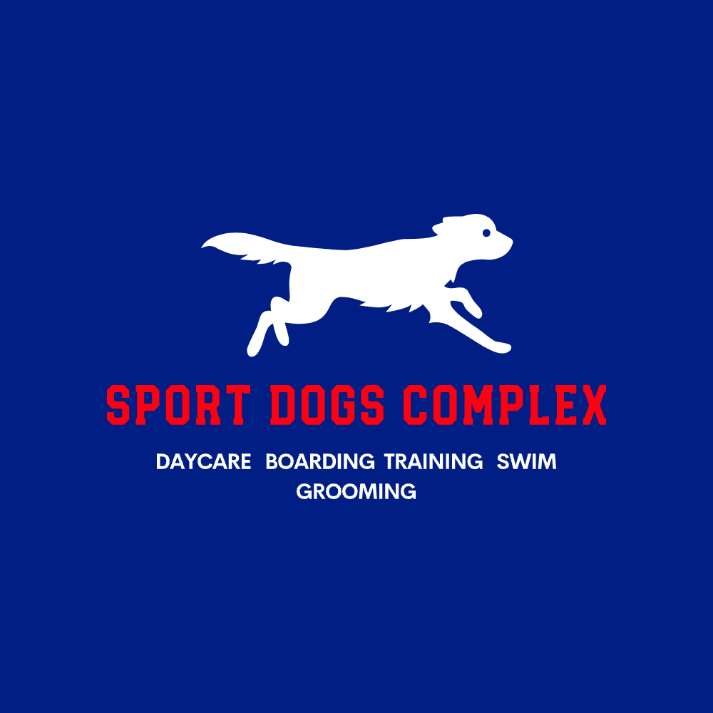 Logo for Sport Dogs Complex with a white dog silhouette on a dark blue background and red and white text reading 'SPORT DOGS COMPLEX' and 'DAYCARE BOARDING TRAINING SWIM GROOMING'.