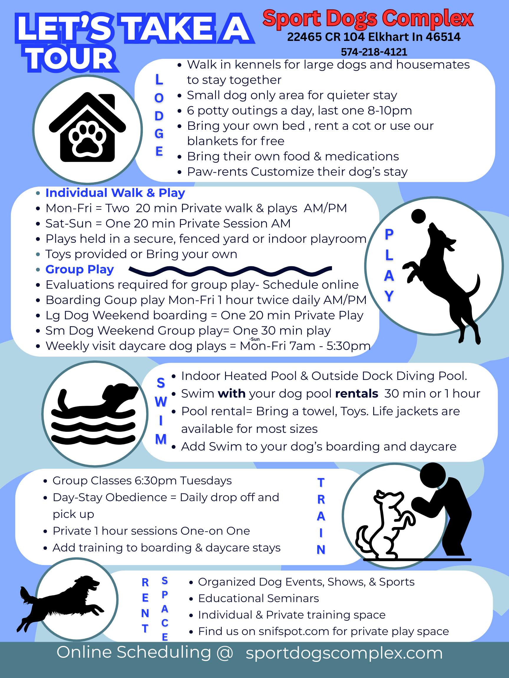 Flyer promoting dog daycare services at Sport Dogs Complex, featuring information on dog walks, playgroups, swimming pools, training, and events, with contact details and website.