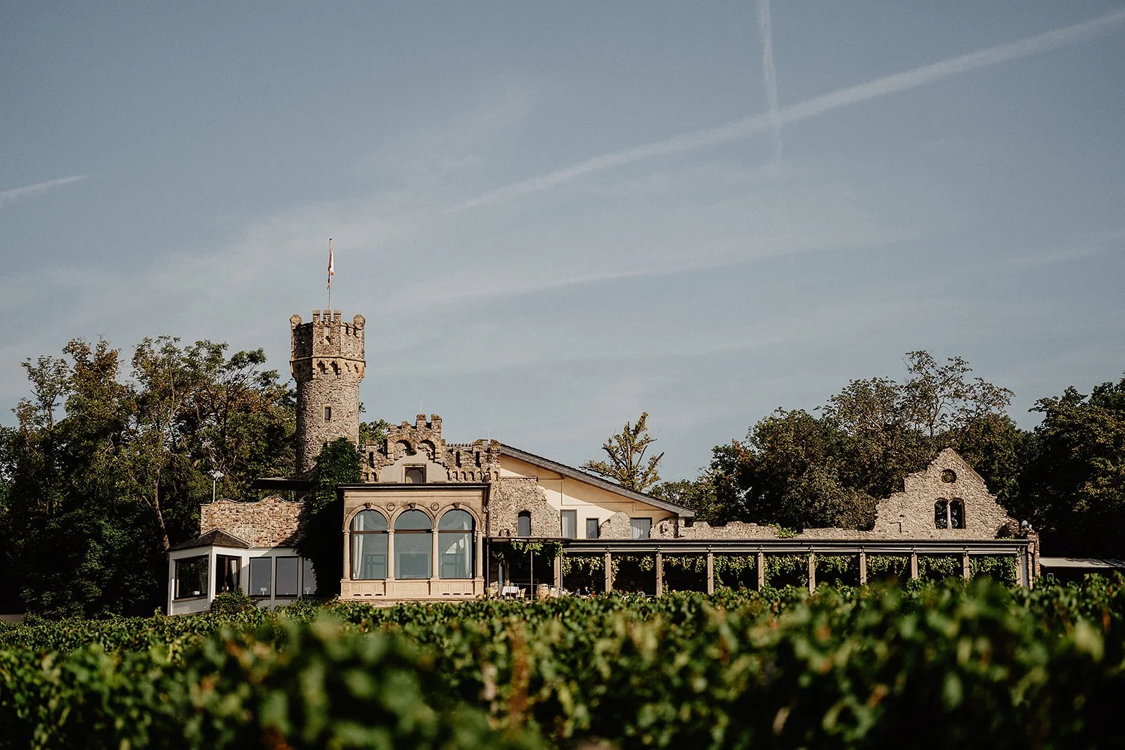 Hochzeit in mitten von Weinbergen, auf der Burg Schwarzenstein im Rheingau mit Blick auf den Rhein