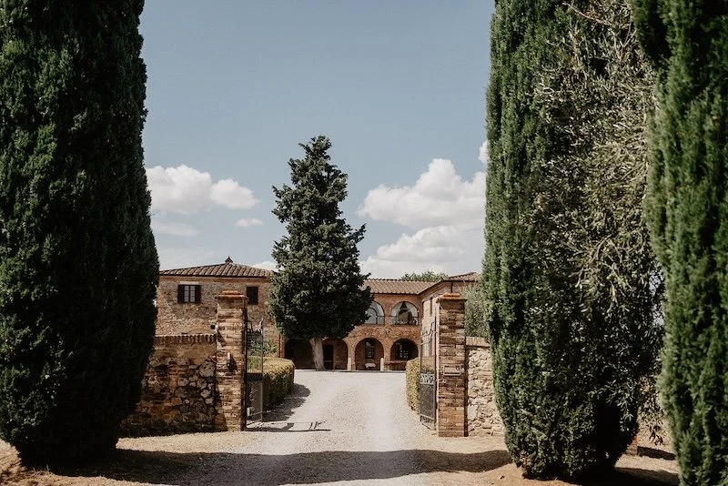 The driveway to Villa Boscarello, lined with cypress trees in Tuscany