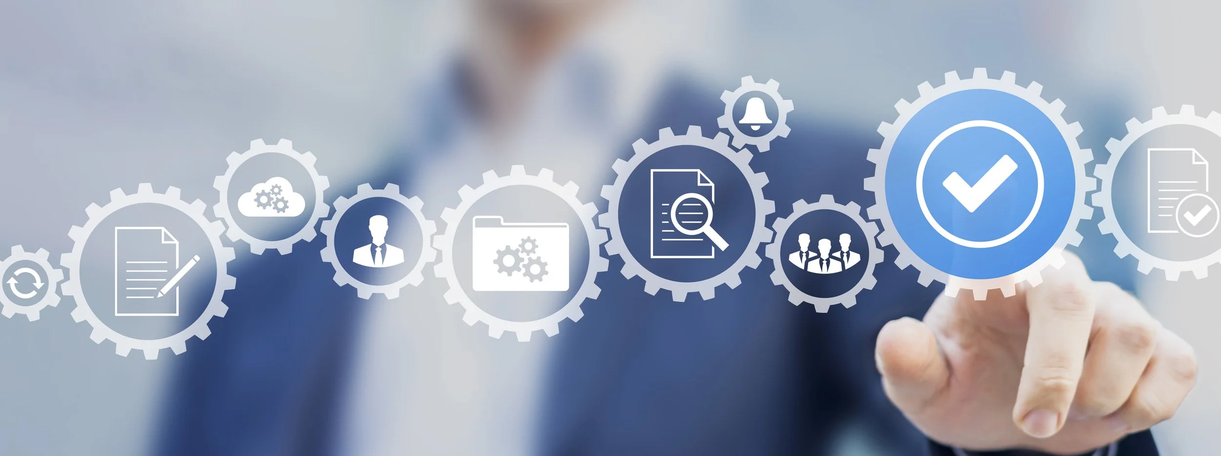 Business professional interacting with digital IT workflow and service management icons.