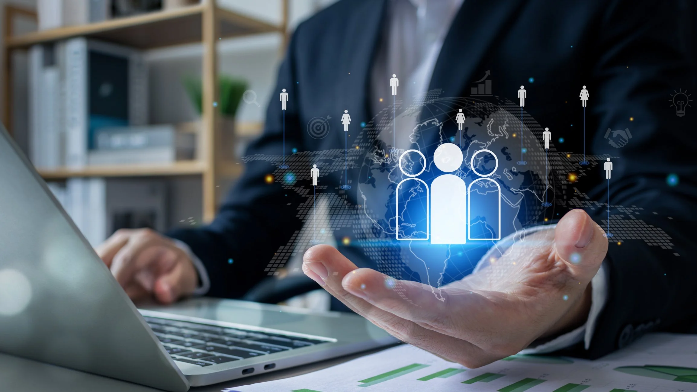 Business professional using a laptop with digital people and technology icons representing trusted IT support and connectivity.